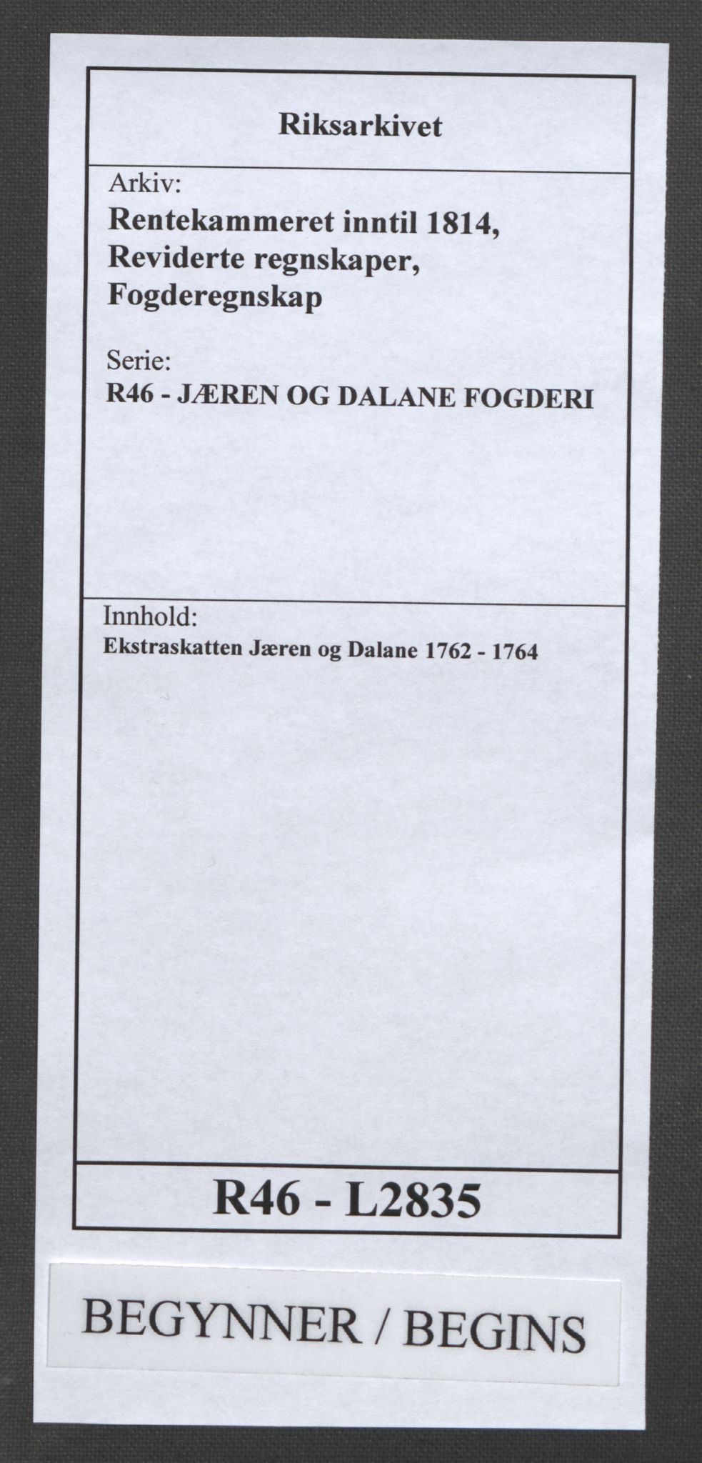 Rentekammeret inntil 1814, Reviderte regnskaper, Fogderegnskap, AV/RA-EA-4092/R46/L2835: Ekstraskatten Jæren og Dalane, 1762-1764, p. 1