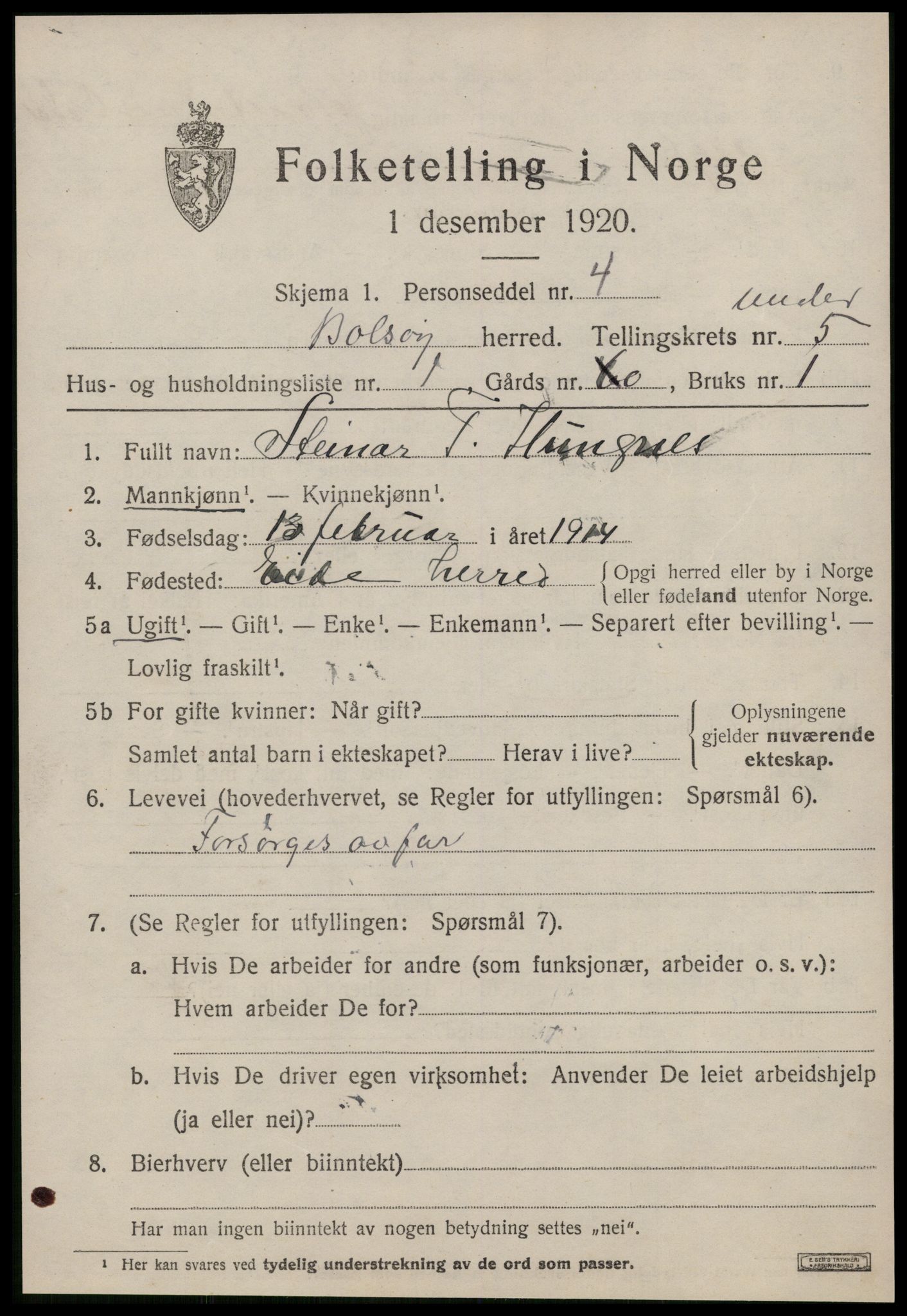 SAT, 1920 census for Bolsøy, 1920, p. 7153