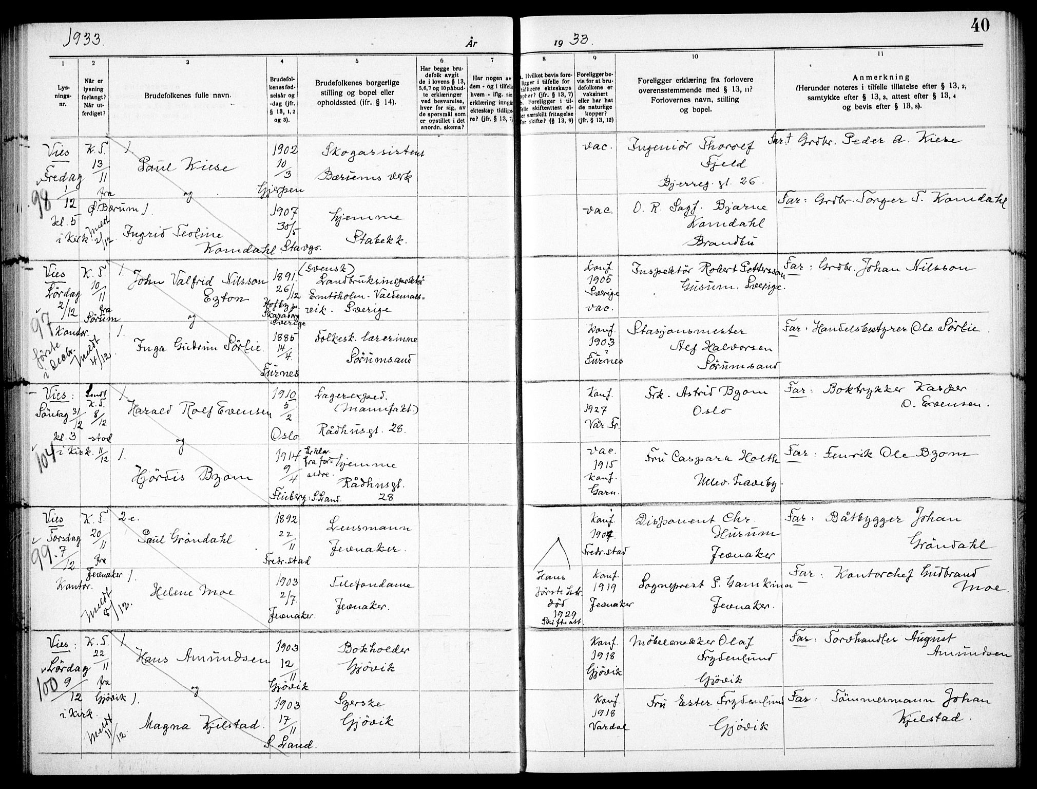 Garnisonsmenigheten Kirkebøker, AV/SAO-A-10846/H/Ha/L0011: Banns register no. I 11, 1932-1936, p. 40