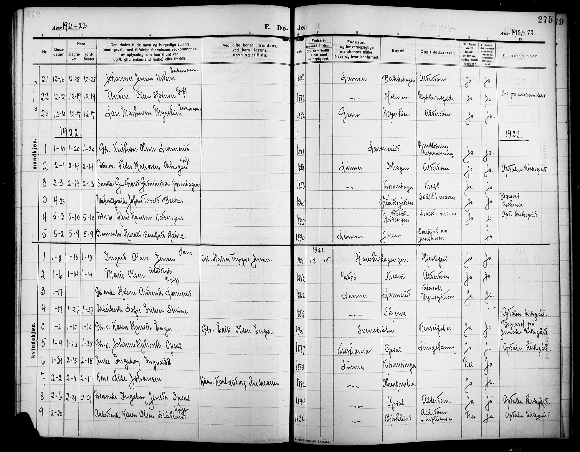 Lunner prestekontor, SAH/PREST-118/H/Ha/Hab/L0001: Parish register (copy) no. 1, 1909-1922, p. 275