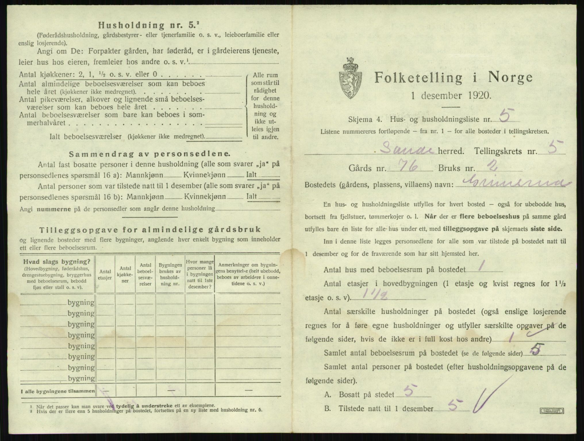 SAKO, 1920 census for Sande, 1920, p. 863