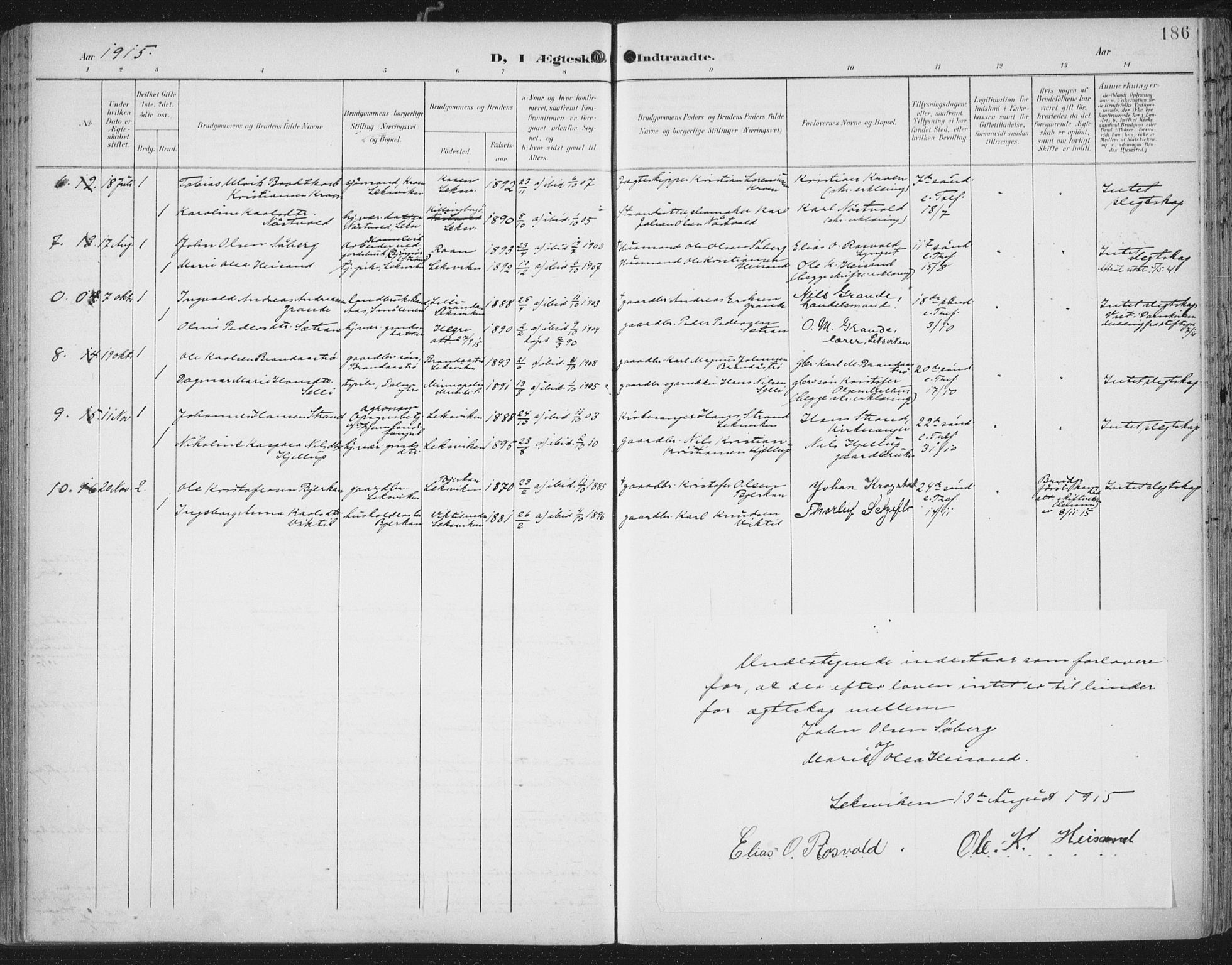 Ministerialprotokoller, klokkerbøker og fødselsregistre - Nord-Trøndelag, SAT/A-1458/701/L0011: Parish register (official) no. 701A11, 1899-1915, p. 186