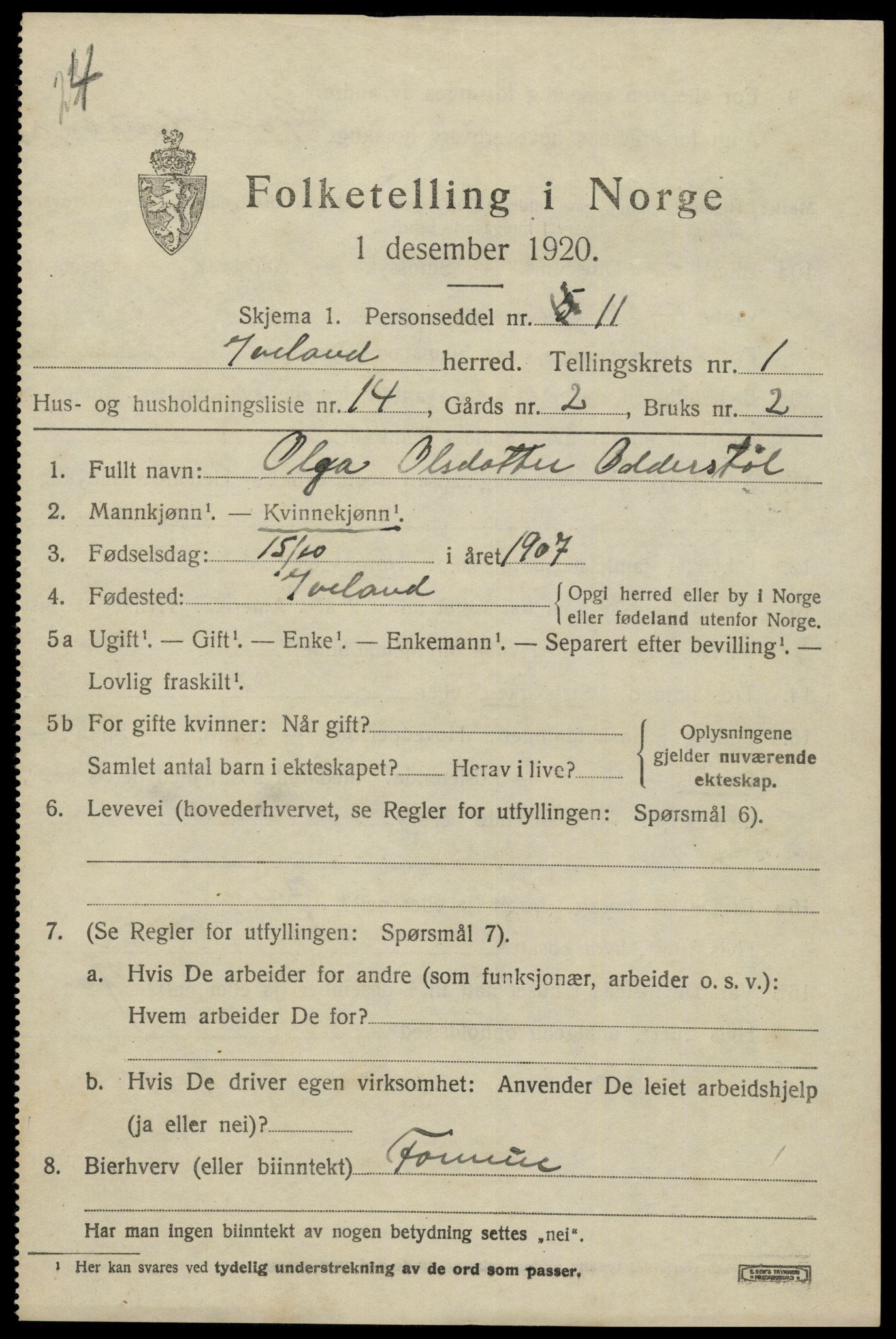 SAK, 1920 census for Iveland, 1920, p. 599