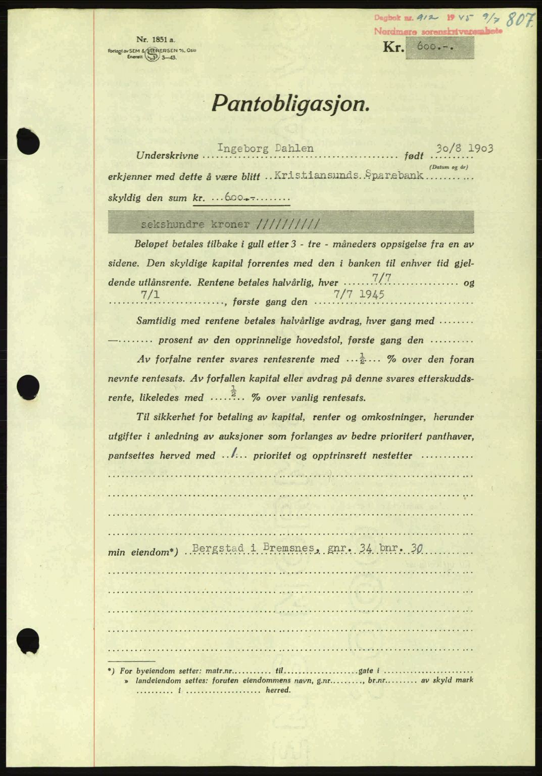 Nordmøre sorenskriveri, AV/SAT-A-4132/1/2/2Ca: Mortgage book no. B92, 1944-1945, Diary no: : 908/1945