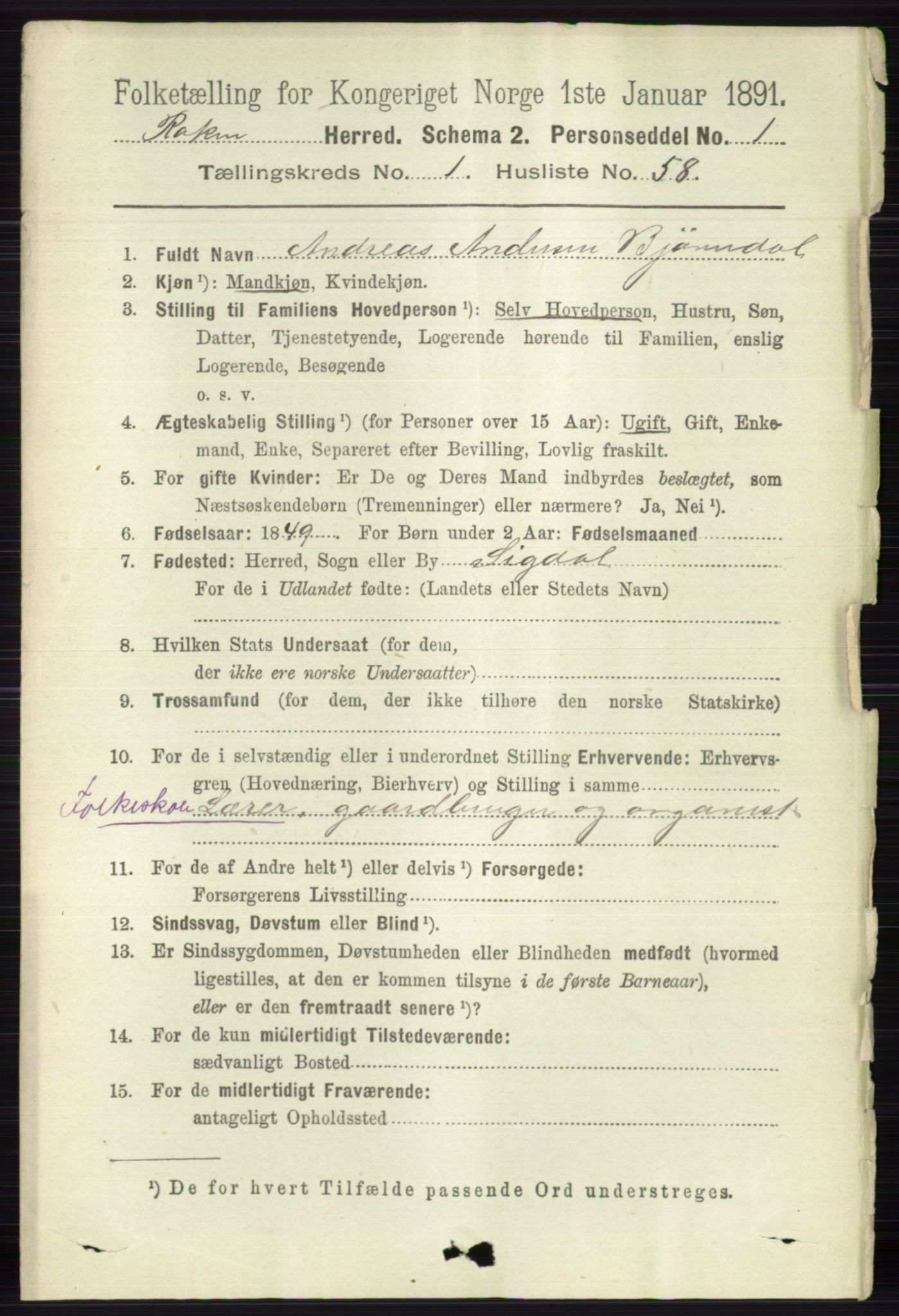 RA, 1891 census for 0627 Røyken, 1891, p. 461