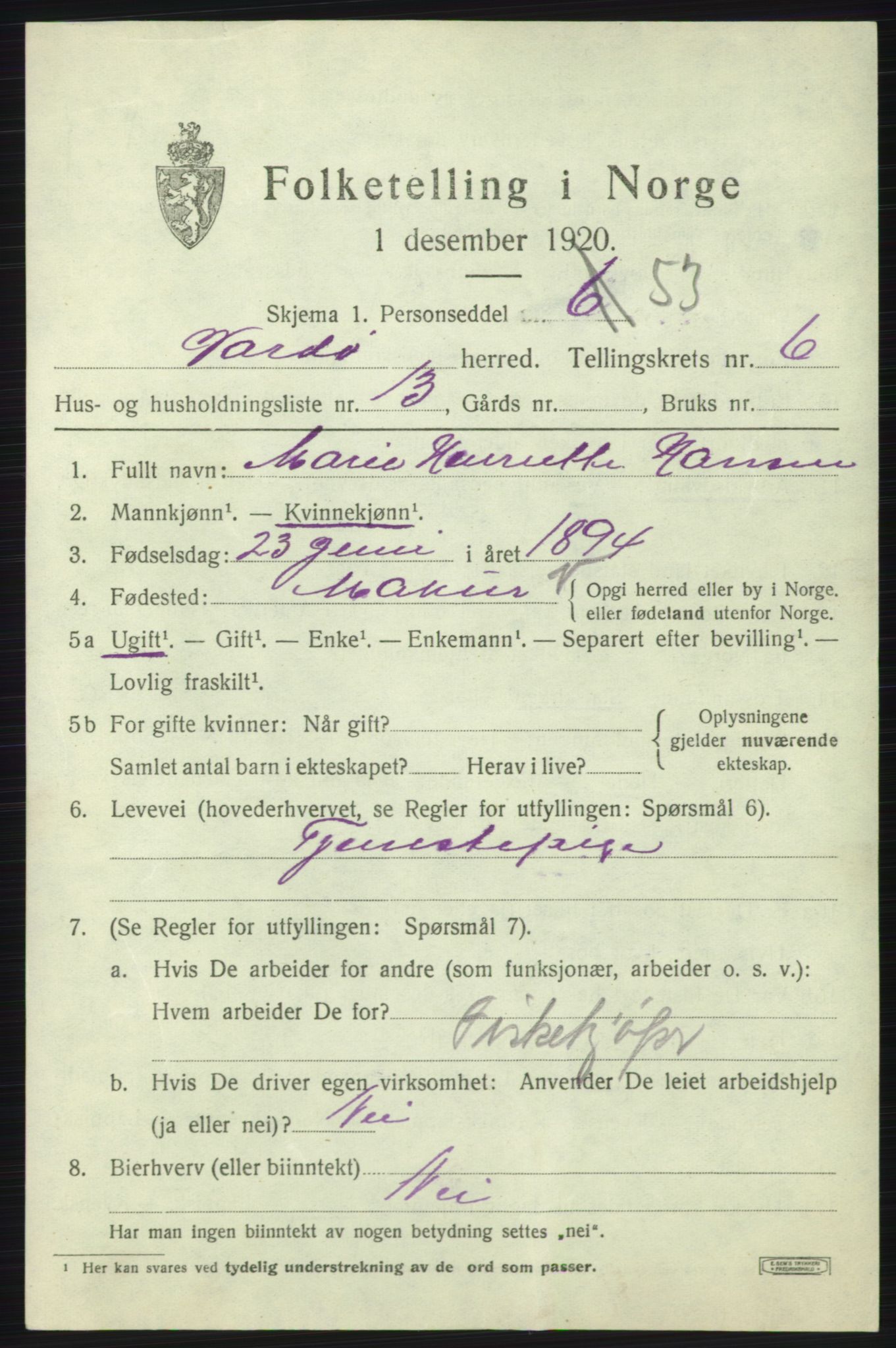 SATØ, 1920 census for Vardø rural district, 1920, p. 2934