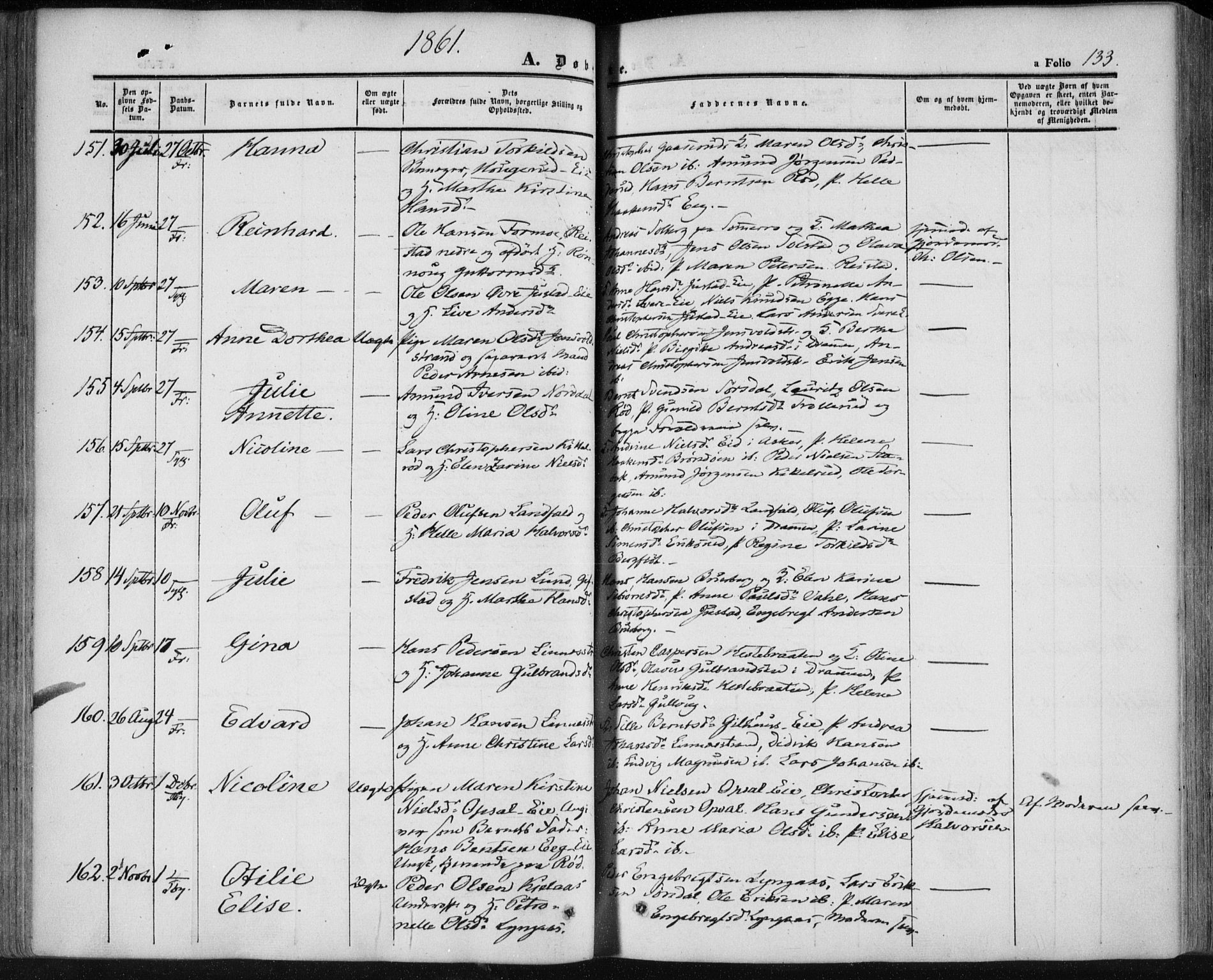 Lier kirkebøker, AV/SAKO-A-230/F/Fa/L0012: Parish register (official) no. I 12, 1854-1864, p. 133