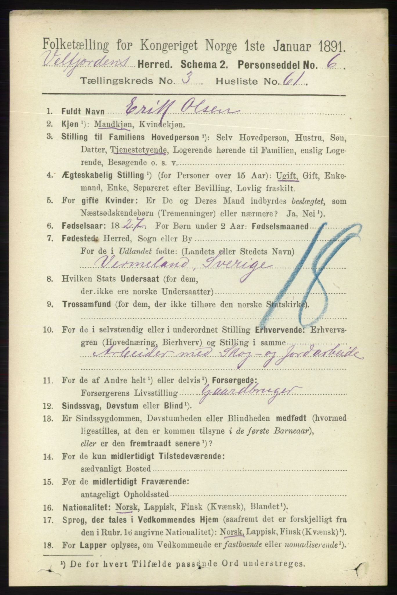 RA, 1891 census for 1813 Velfjord, 1891, p. 1442