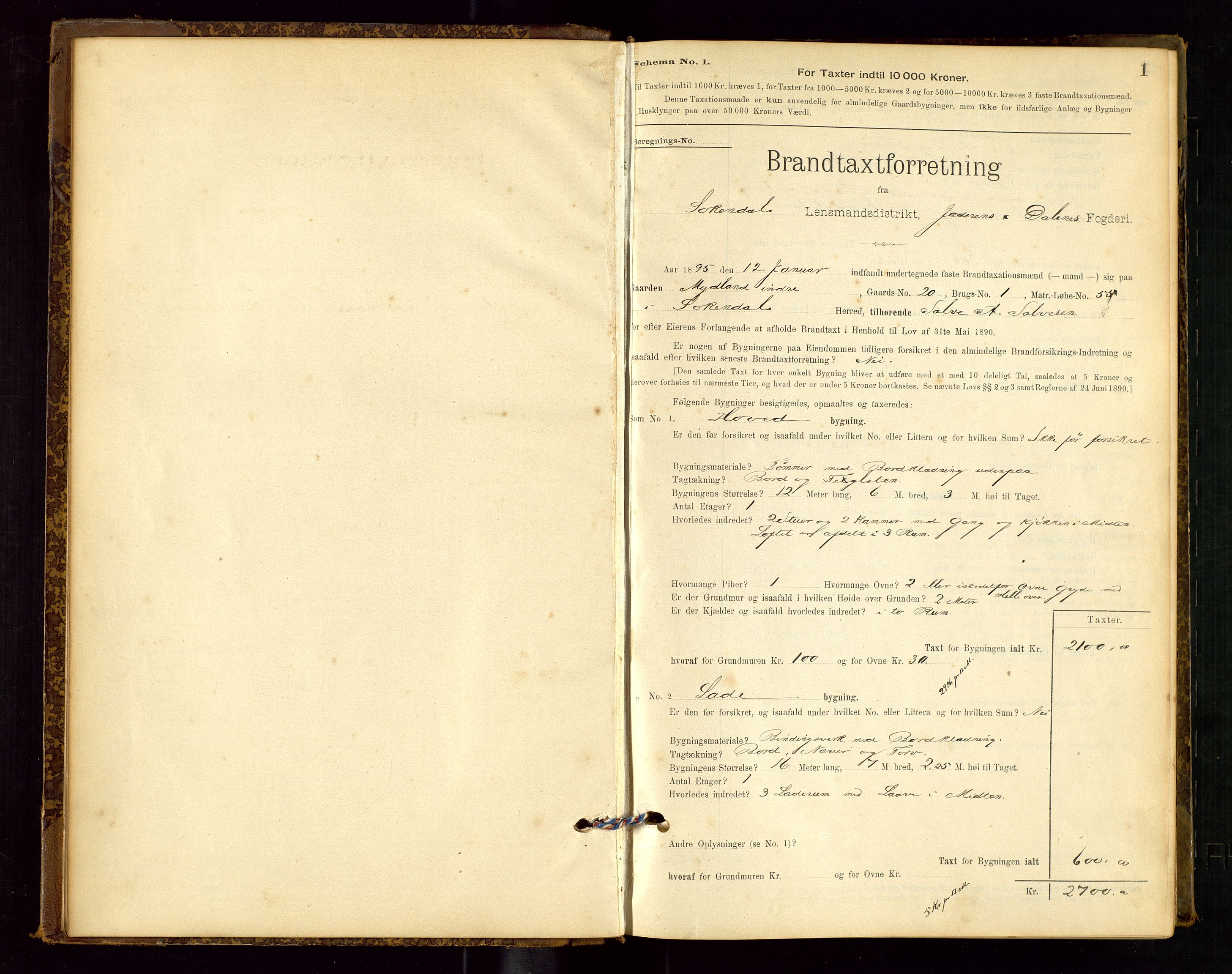 Sokndal lensmannskontor, SAST/A-100417/Gob/L0001: "Brandtaxt-Protokol", 1895-1902, p. 1
