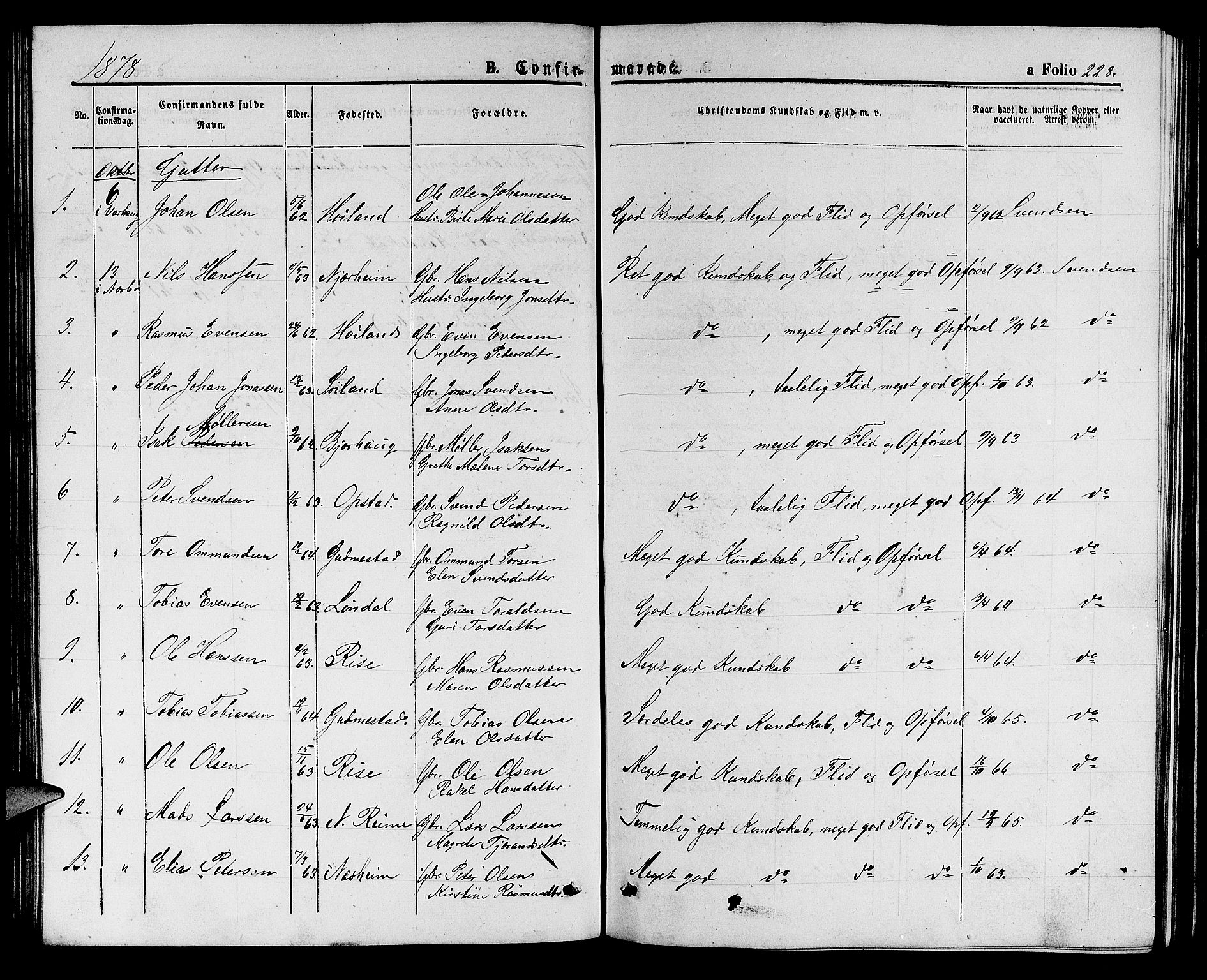 Hå sokneprestkontor, AV/SAST-A-101801/001/30BB/L0001: Parish register (copy) no. B 1, 1854-1883, p. 228