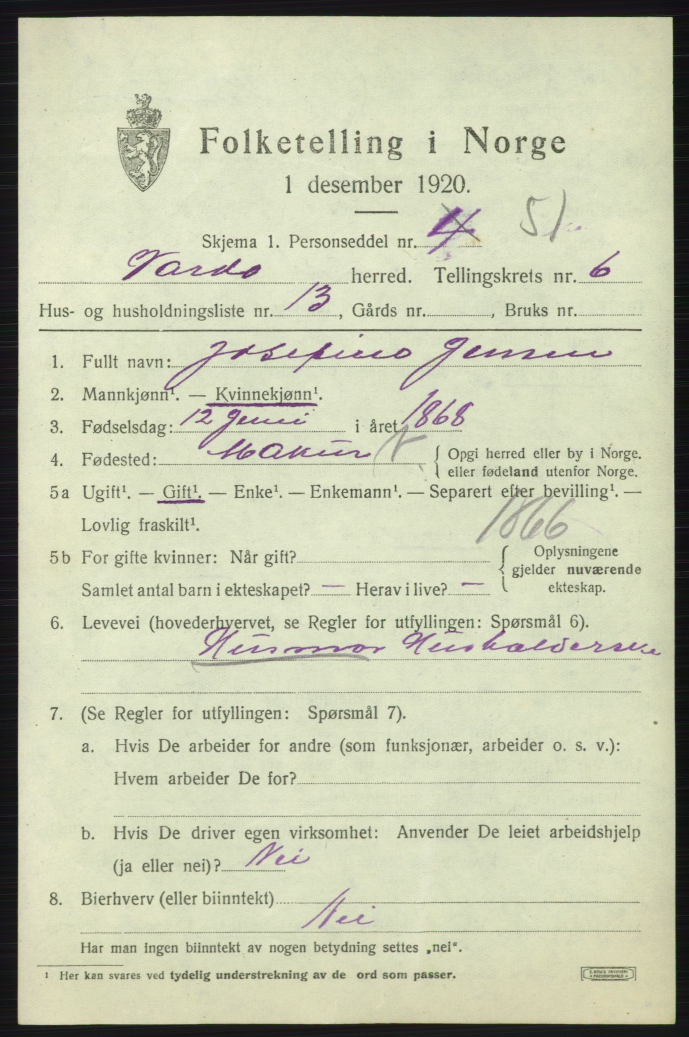 SATØ, 1920 census for Vardø rural district, 1920, p. 2930