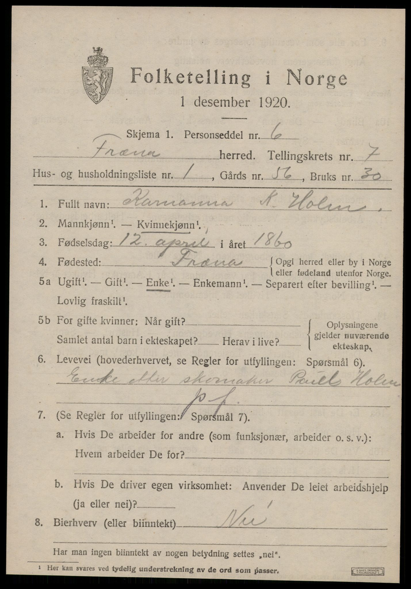 SAT, 1920 census for Fræna, 1920, p. 4535