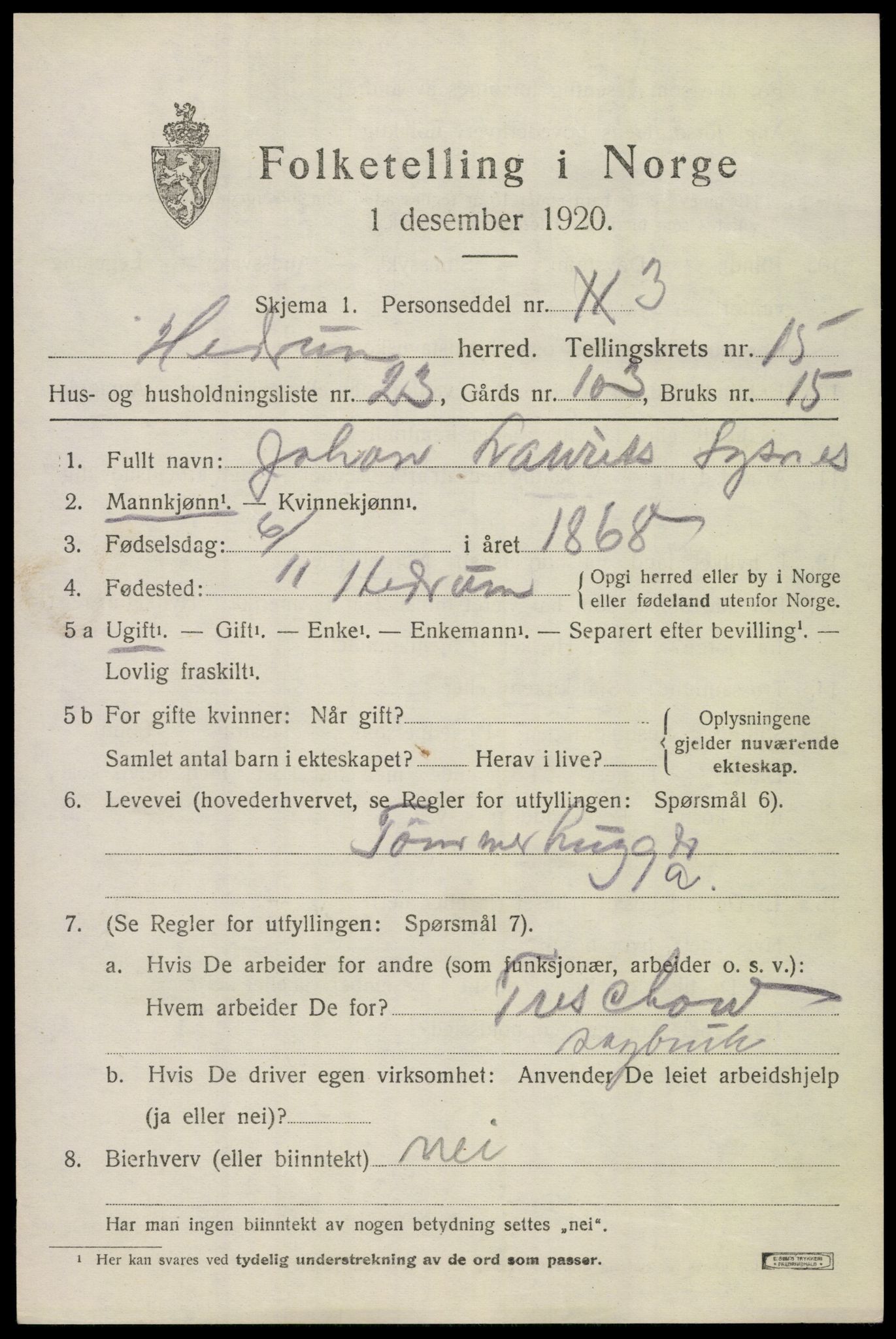 SAKO, 1920 census for Hedrum, 1920, p. 10203