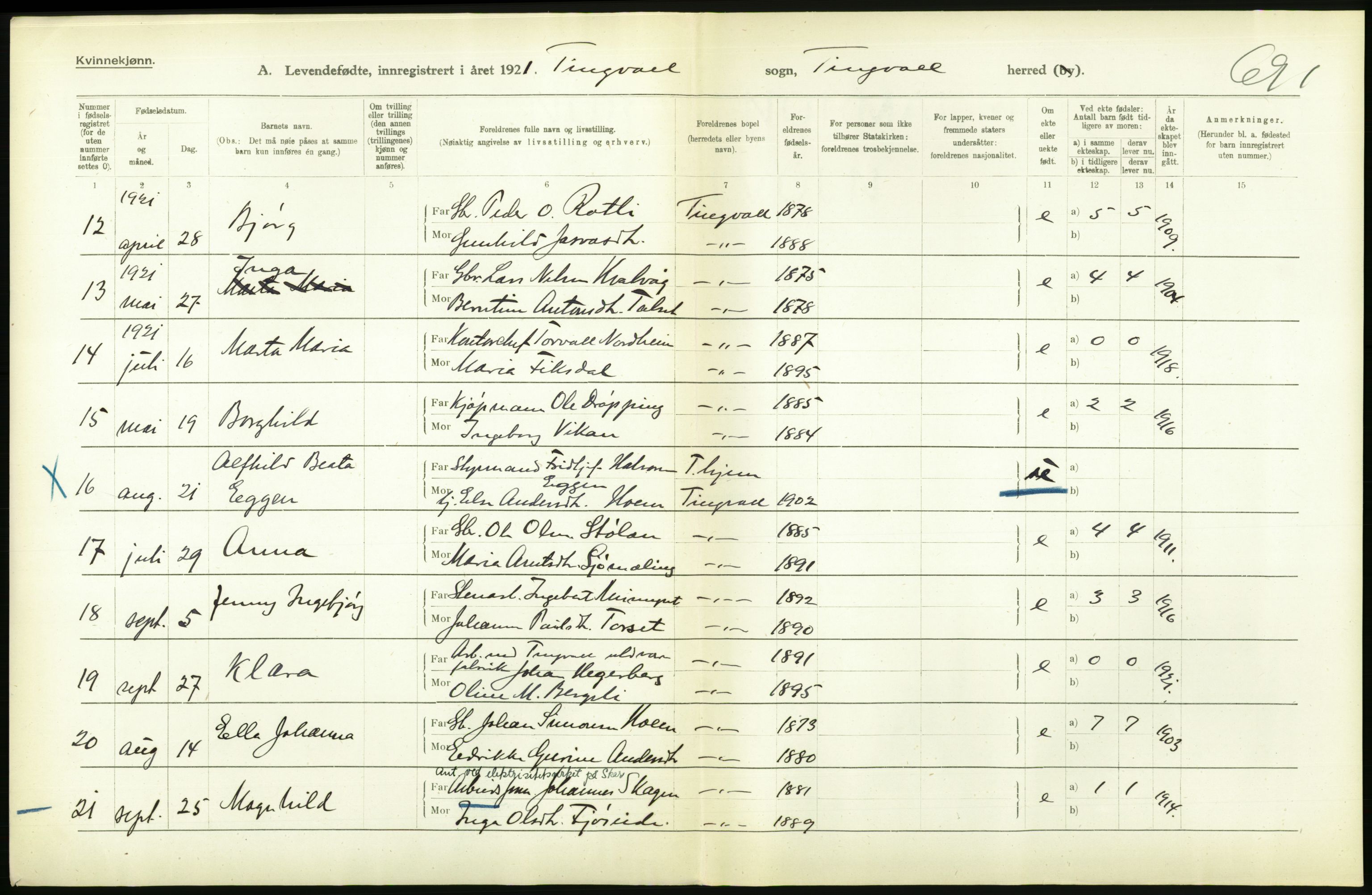 Statistisk sentralbyrå, Sosiodemografiske emner, Befolkning, AV/RA-S-2228/D/Df/Dfc/Dfca/L0040: Møre fylke: Levendefødte menn og kvinner. Bygder., 1921, p. 686