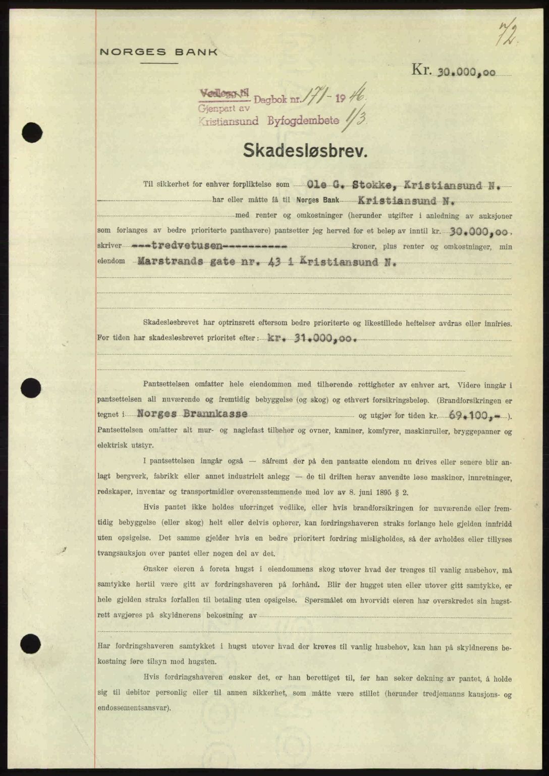 Kristiansund byfogd, AV/SAT-A-4587/A/27: Mortgage book no. 40, 1946-1946, Diary no: : 171/1946