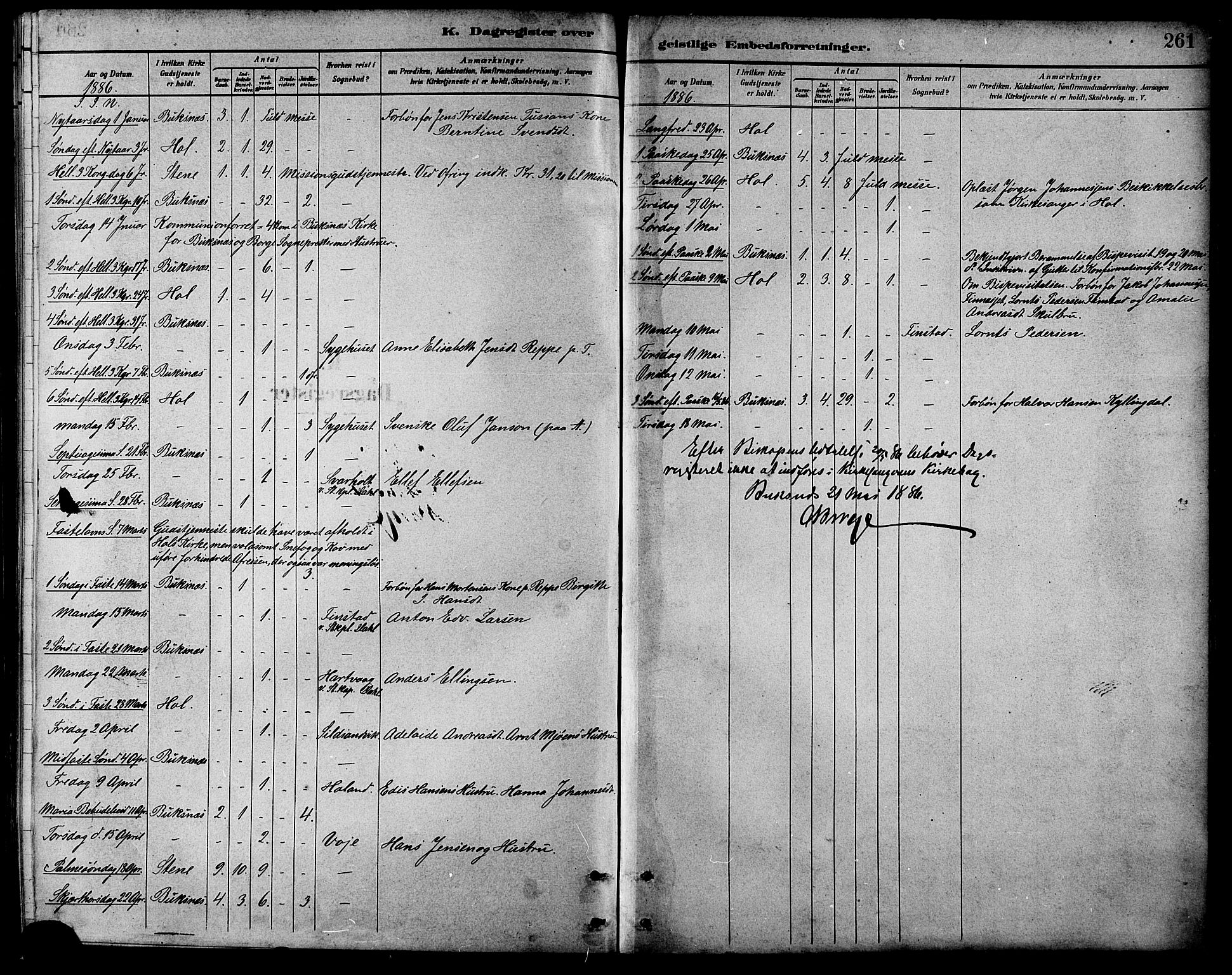 Ministerialprotokoller, klokkerbøker og fødselsregistre - Nordland, AV/SAT-A-1459/881/L1167: Parish register (copy) no. 881C04, 1886-1899, p. 261