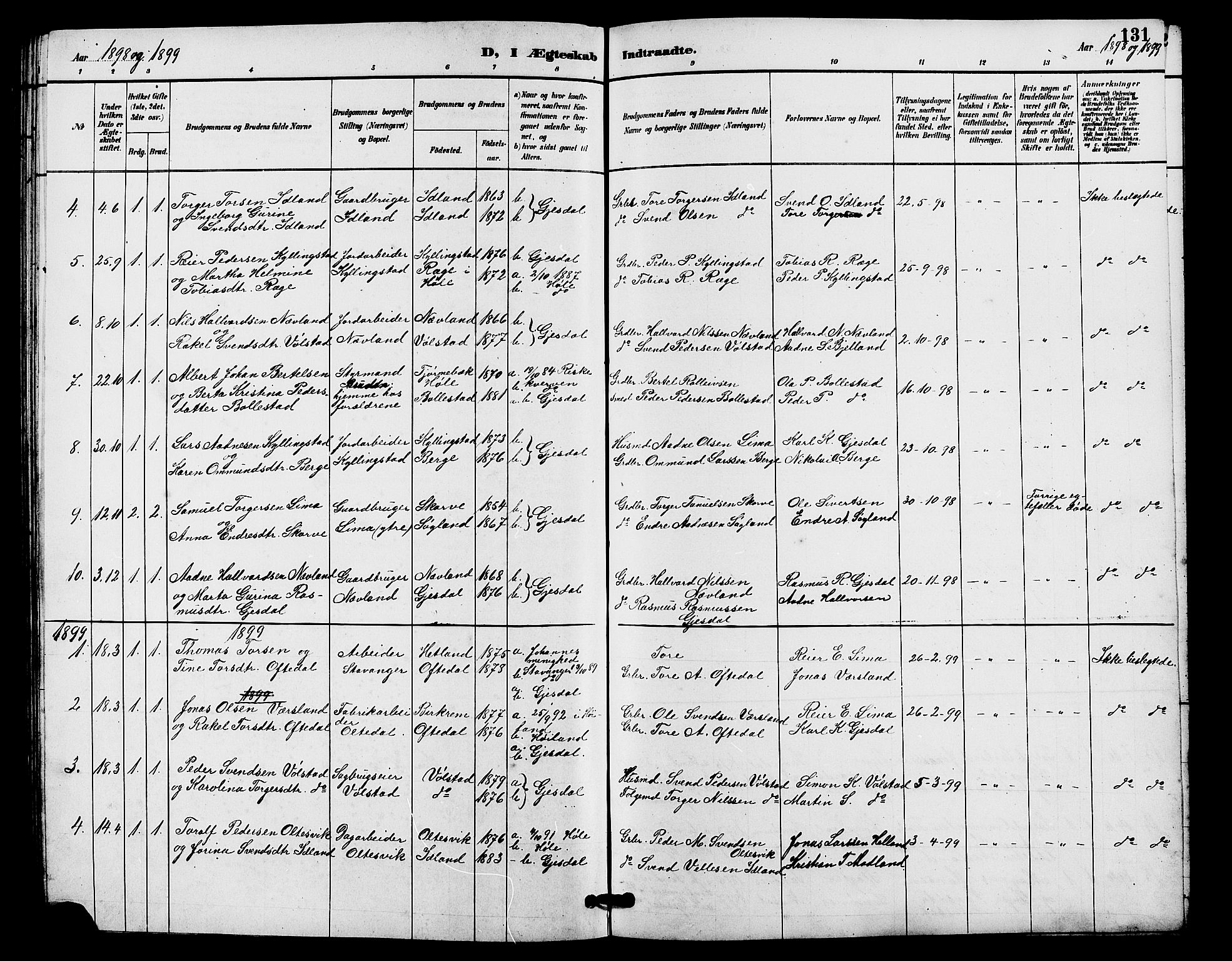Lye sokneprestkontor, SAST/A-101794/001/30BB/L0008: Parish register (copy) no. B 7, 1887-1901, p. 131
