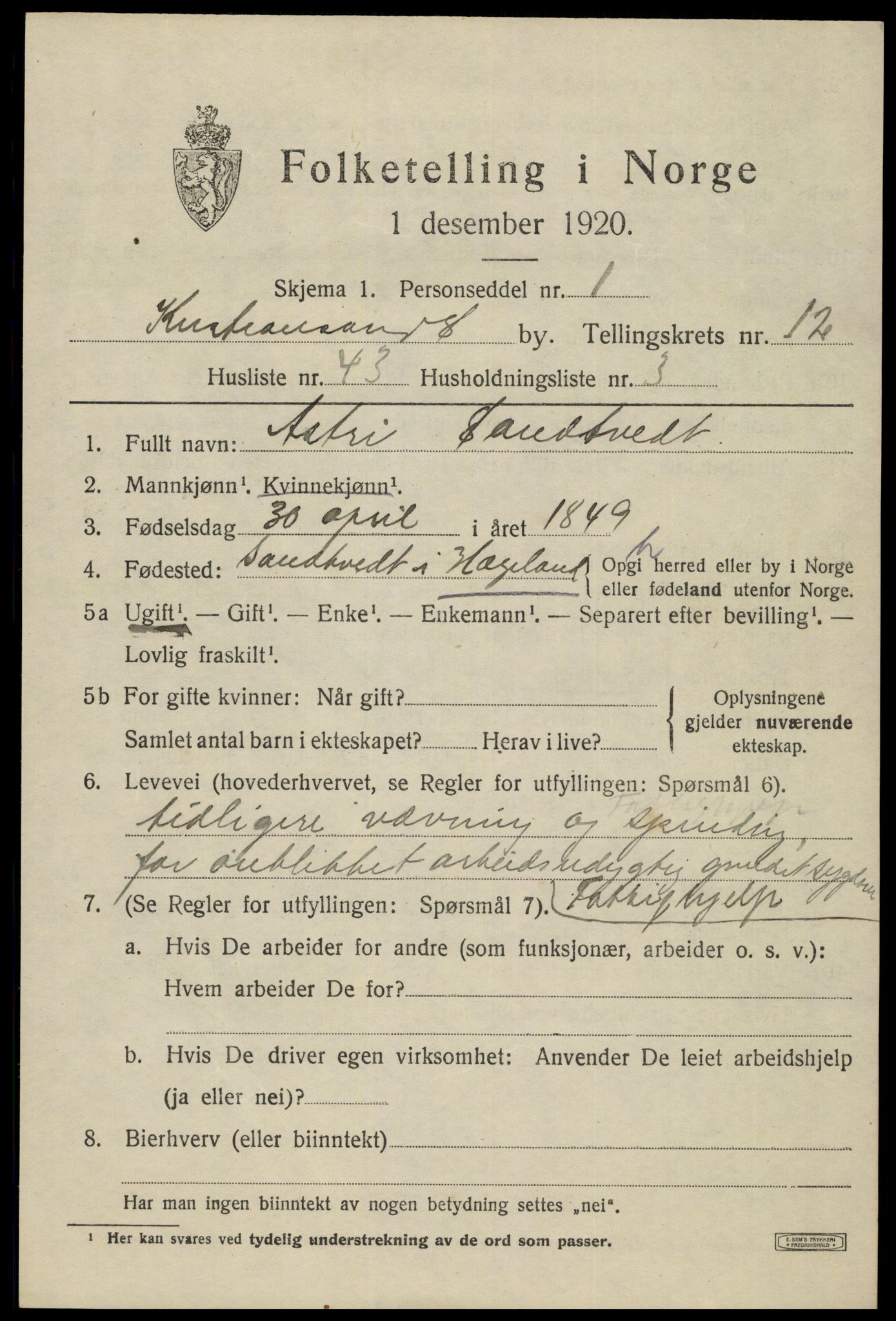 SAK, 1920 census for Kristiansand, 1920, p. 26817