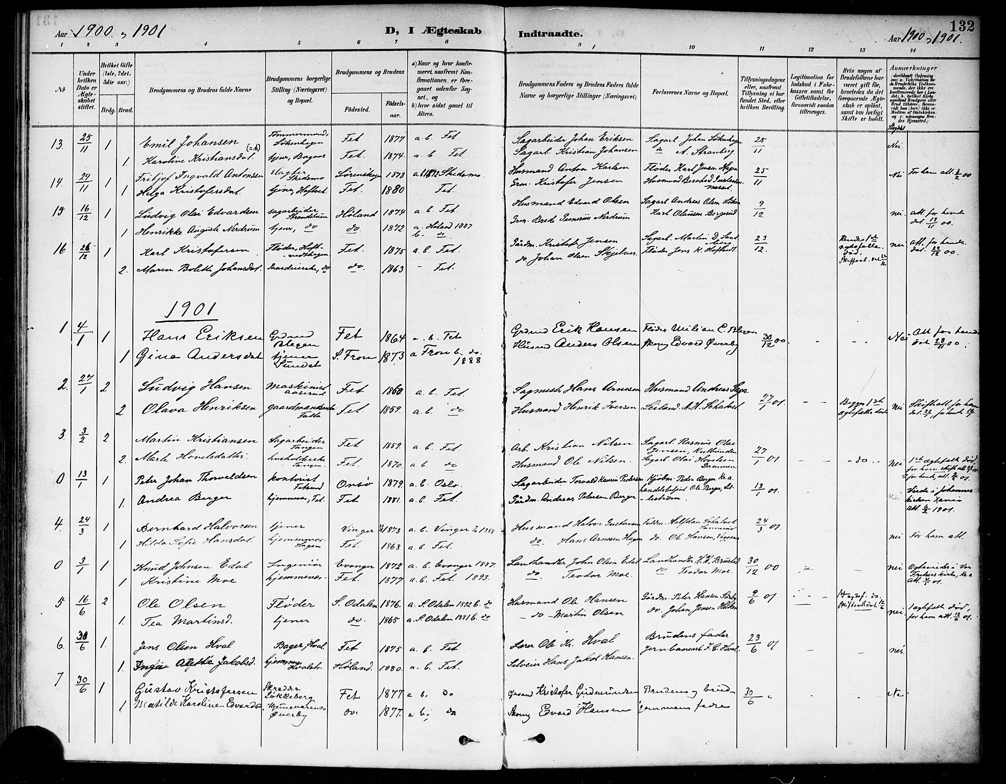 Fet prestekontor Kirkebøker, SAO/A-10370a/F/Fa/L0015: Parish register (official) no. I 15, 1892-1904, p. 132
