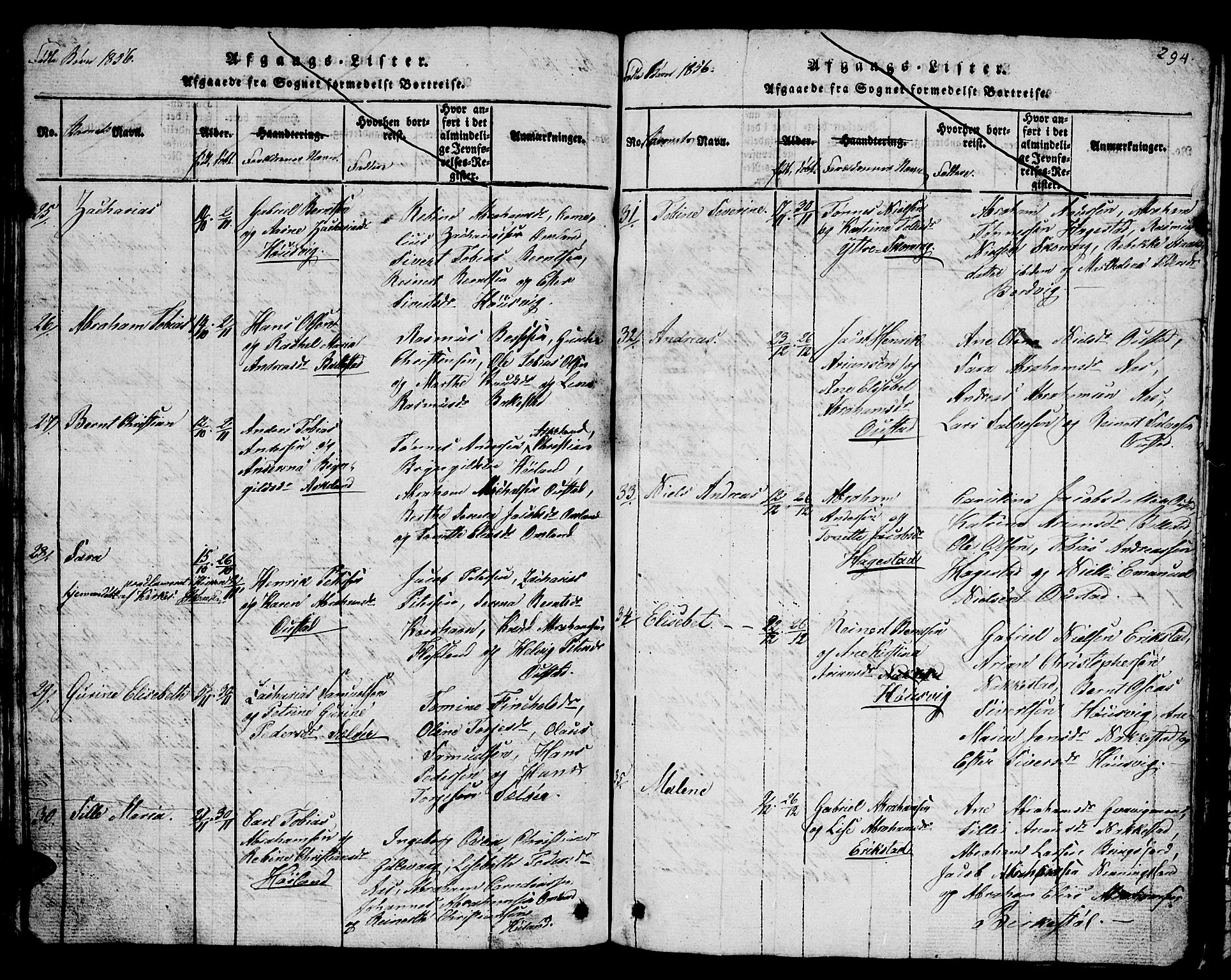 Lyngdal sokneprestkontor, AV/SAK-1111-0029/F/Fb/Fba/L0001: Parish register (copy) no. B 1, 1816-1876, p. 294