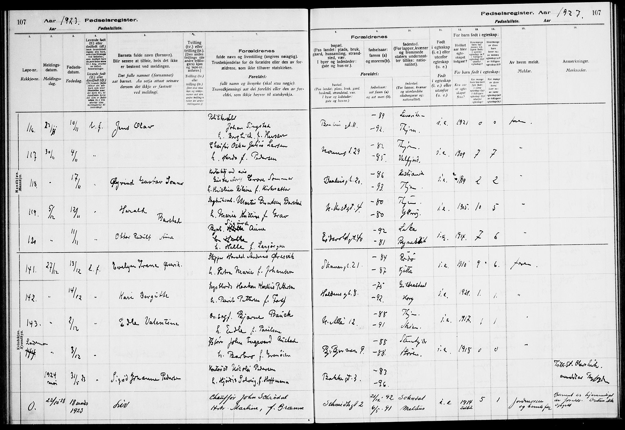 Ministerialprotokoller, klokkerbøker og fødselsregistre - Sør-Trøndelag, AV/SAT-A-1456/604/L0233: Birth register no. 604.II.4.2, 1920-1928, p. 107