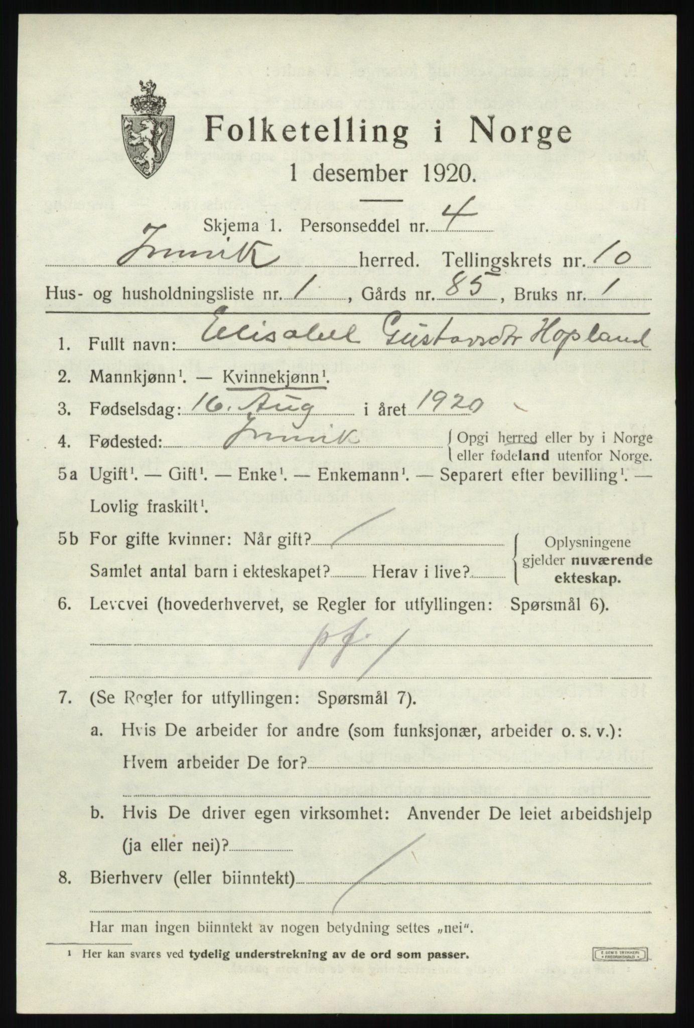 SAB, 1920 census for Innvik, 1920, p. 4109