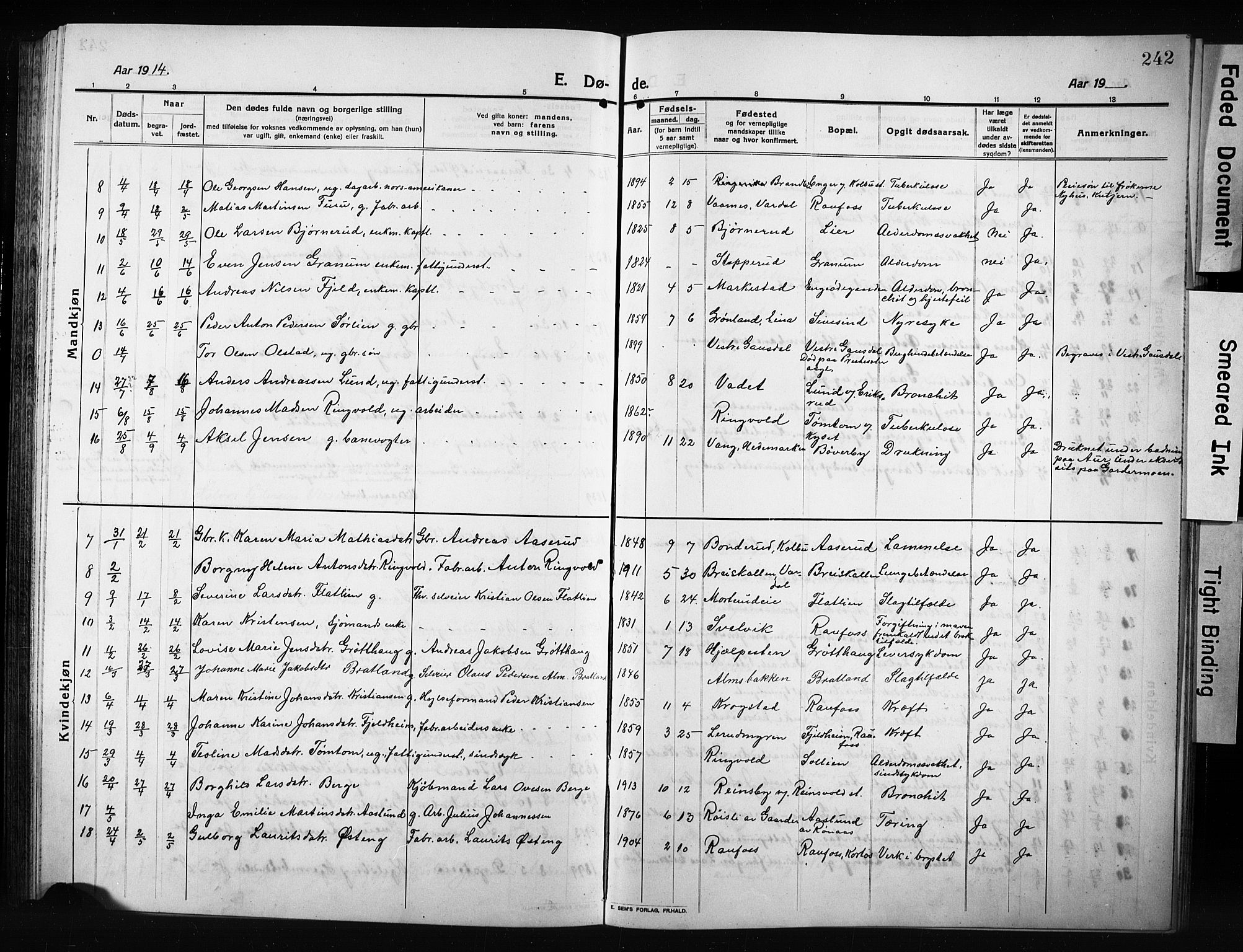 Vestre Toten prestekontor, SAH/PREST-108/H/Ha/Hab/L0012: Parish register (copy) no. 12, 1909-1928, p. 242