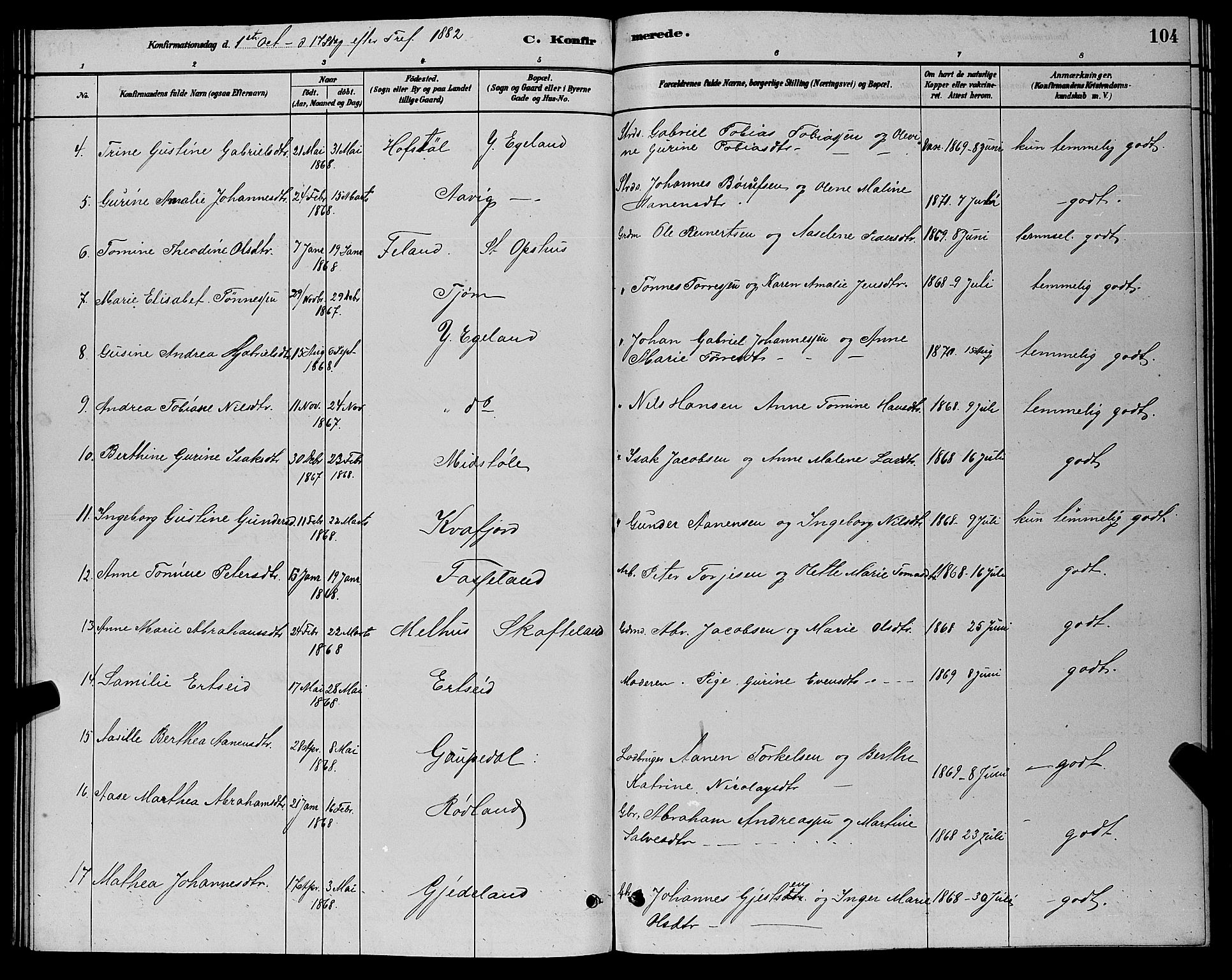 Sør-Audnedal sokneprestkontor, AV/SAK-1111-0039/F/Fb/Fbb/L0005: Parish register (copy) no. B 5, 1880-1892, p. 104