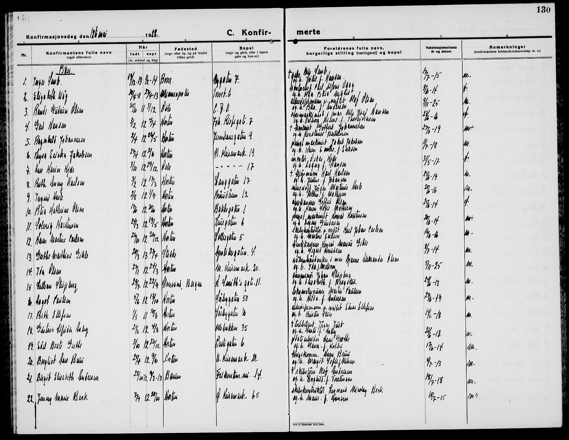 Horten kirkebøker, AV/SAKO-A-348/G/Ga/L0009: Parish register (copy) no. 9, 1926-1936, p. 130