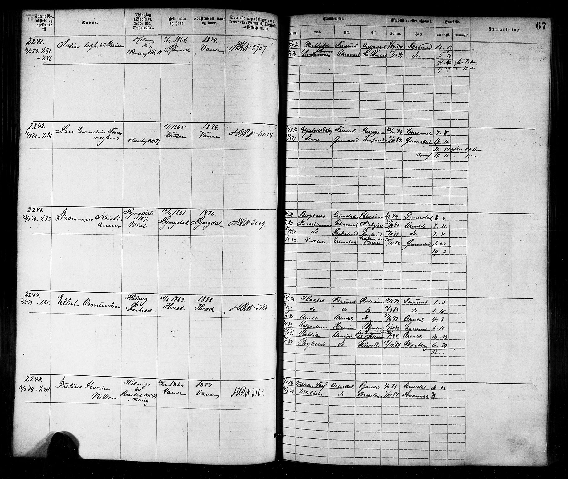 Farsund mønstringskrets, SAK/2031-0017/F/Fa/L0006: Annotasjonsrulle nr 1911-3805 med register, Z-3, 1877-1894, p. 94