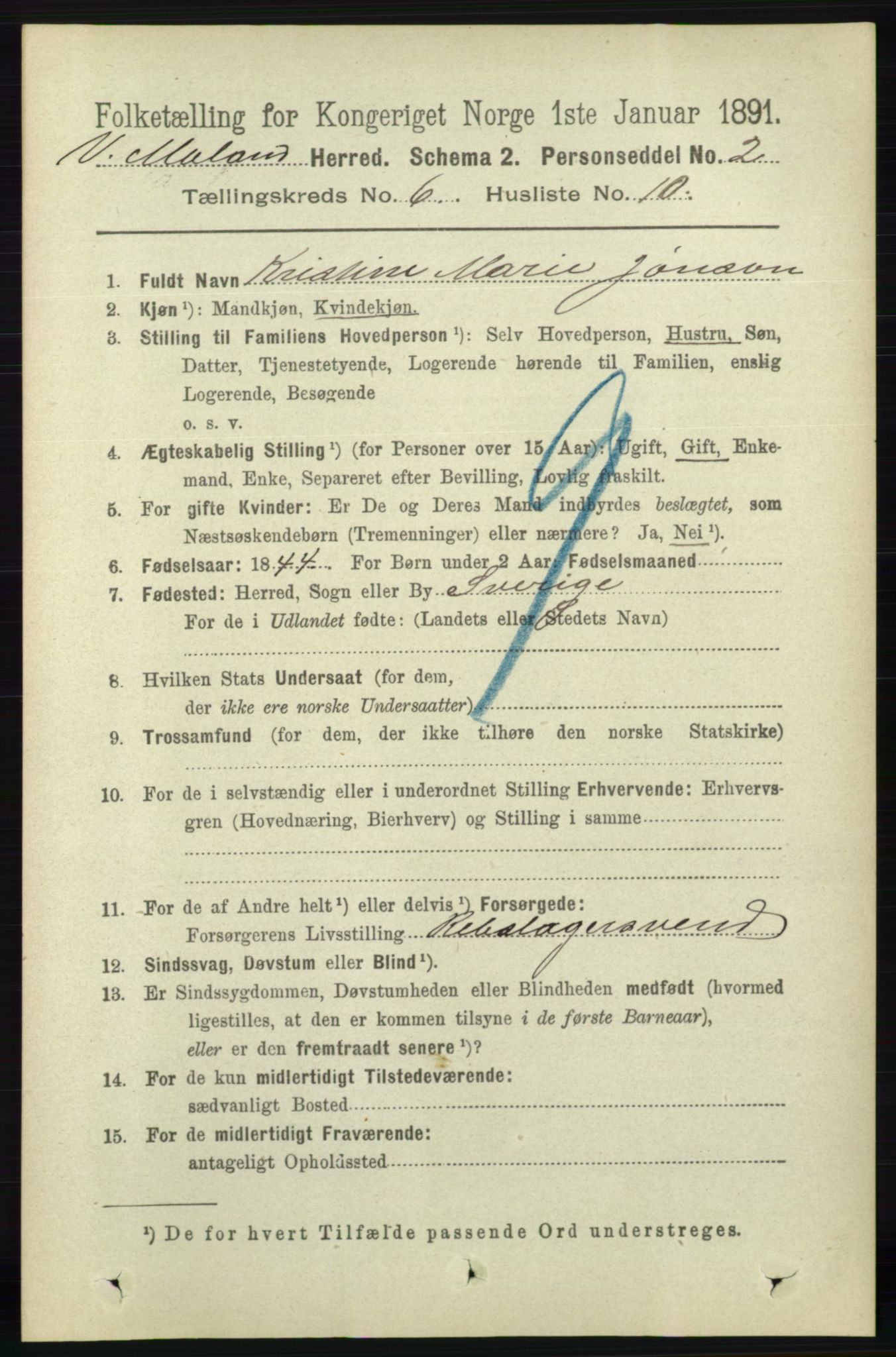 RA, 1891 census for 0926 Vestre Moland, 1891, p. 2391