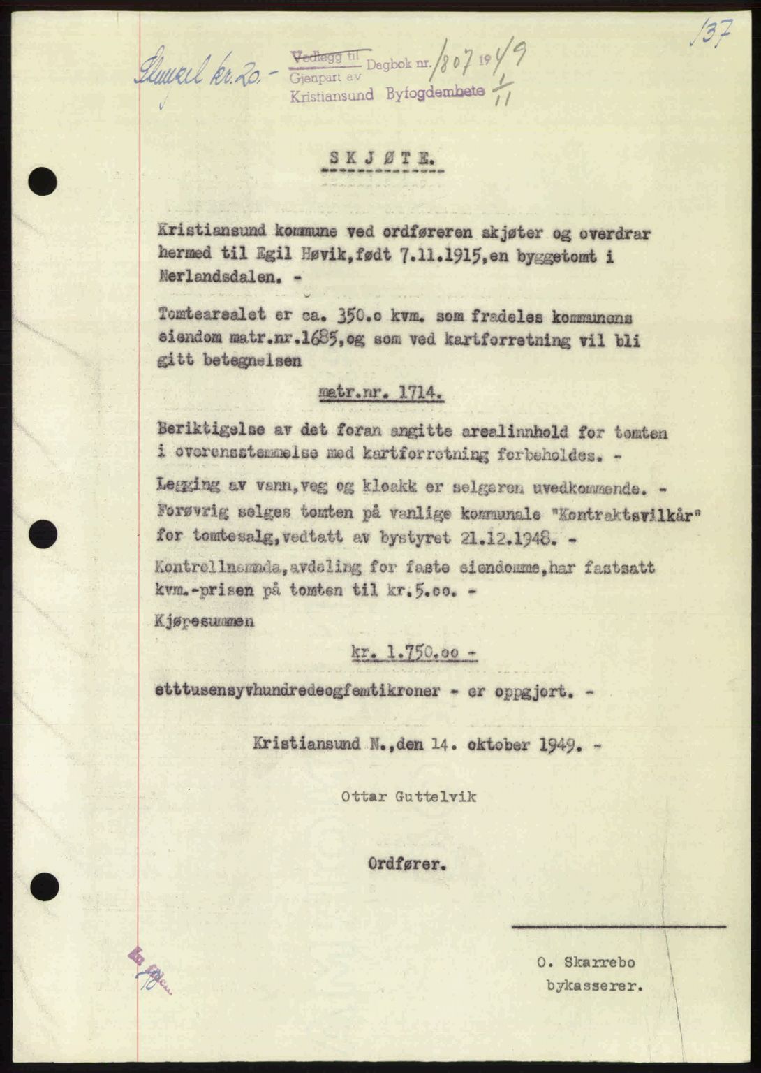 Kristiansund byfogd, AV/SAT-A-4587/A/27: Mortgage book no. 46, 1949-1950, Diary no: : 1807/1949