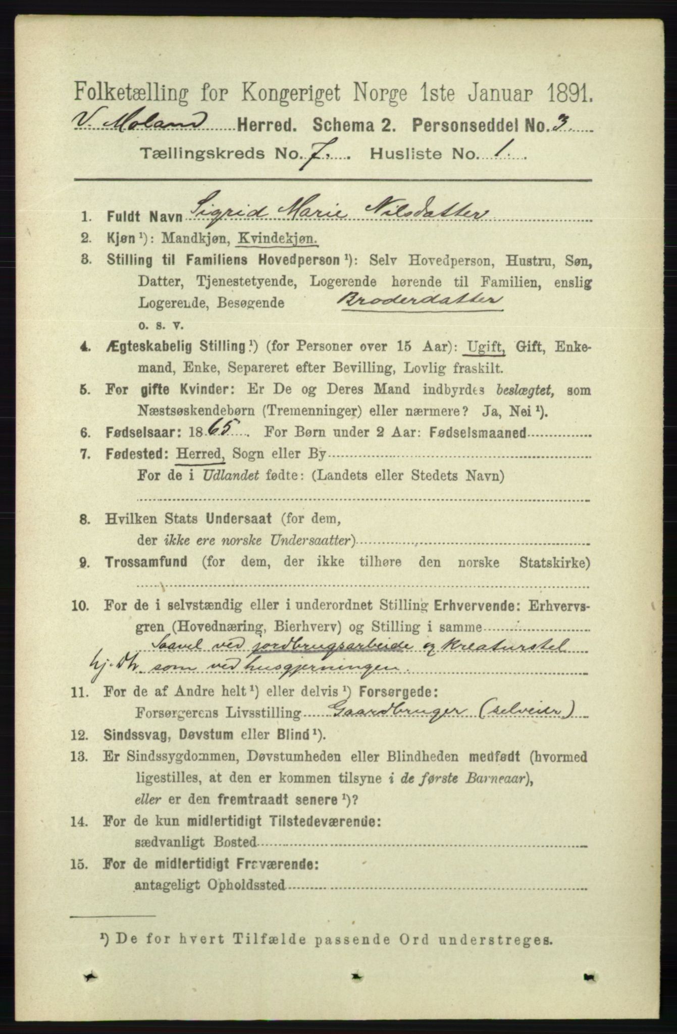RA, 1891 census for 0926 Vestre Moland, 1891, p. 2801
