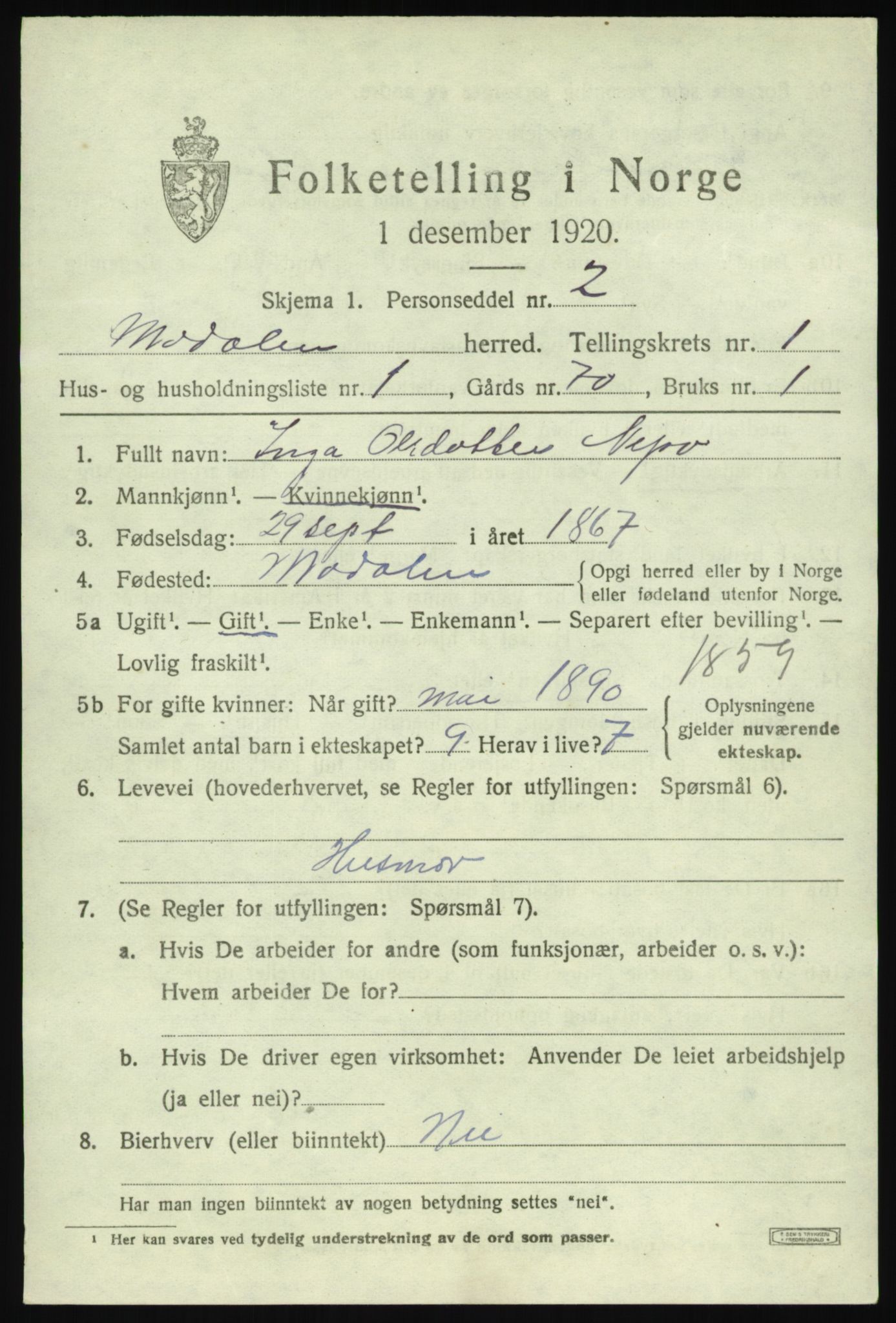 SAB, 1920 census for Modalen, 1920, p. 266