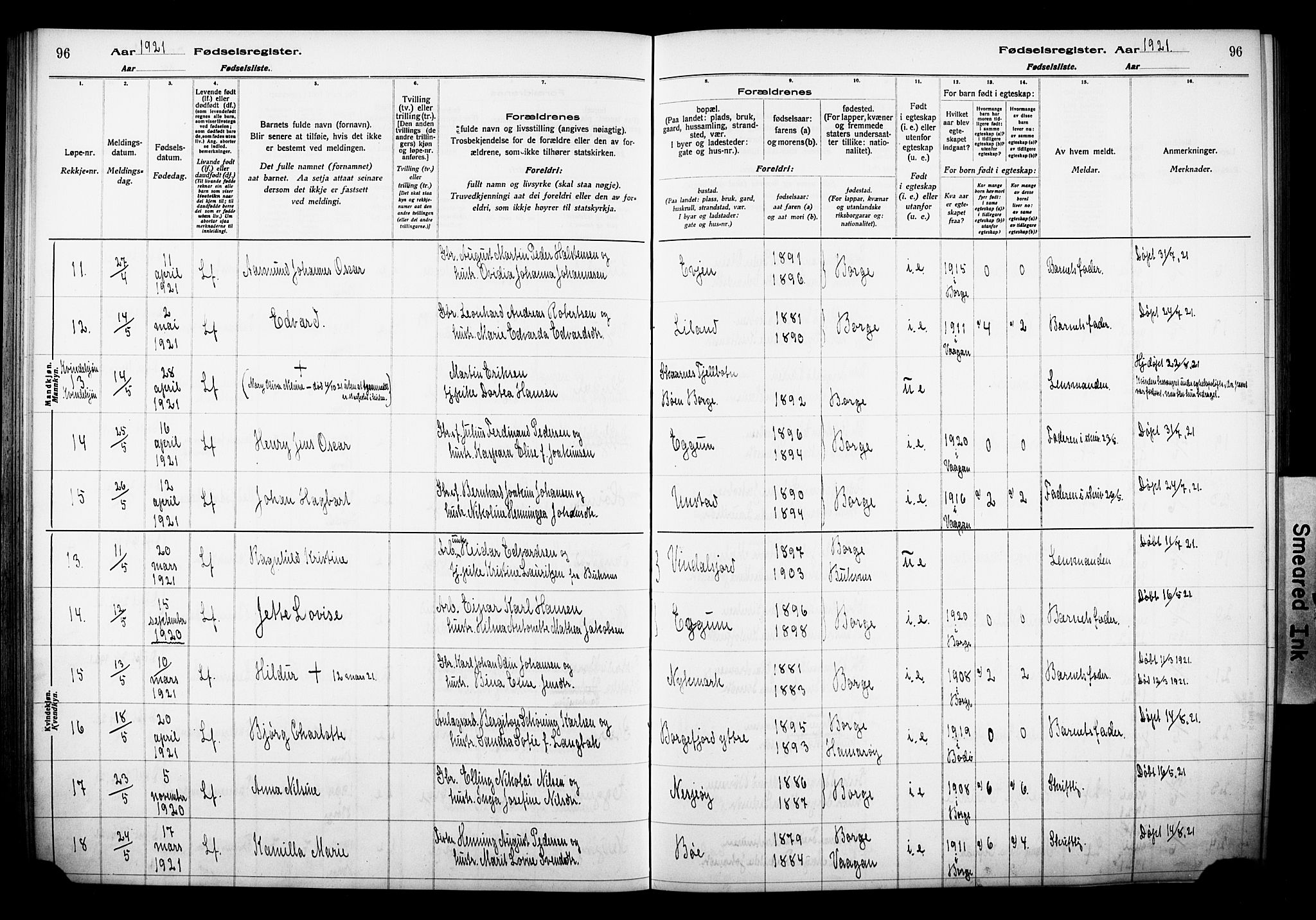 Ministerialprotokoller, klokkerbøker og fødselsregistre - Nordland, AV/SAT-A-1459/880/L1145: Birth register no. 880.II.4.1, 1916-1929, p. 96