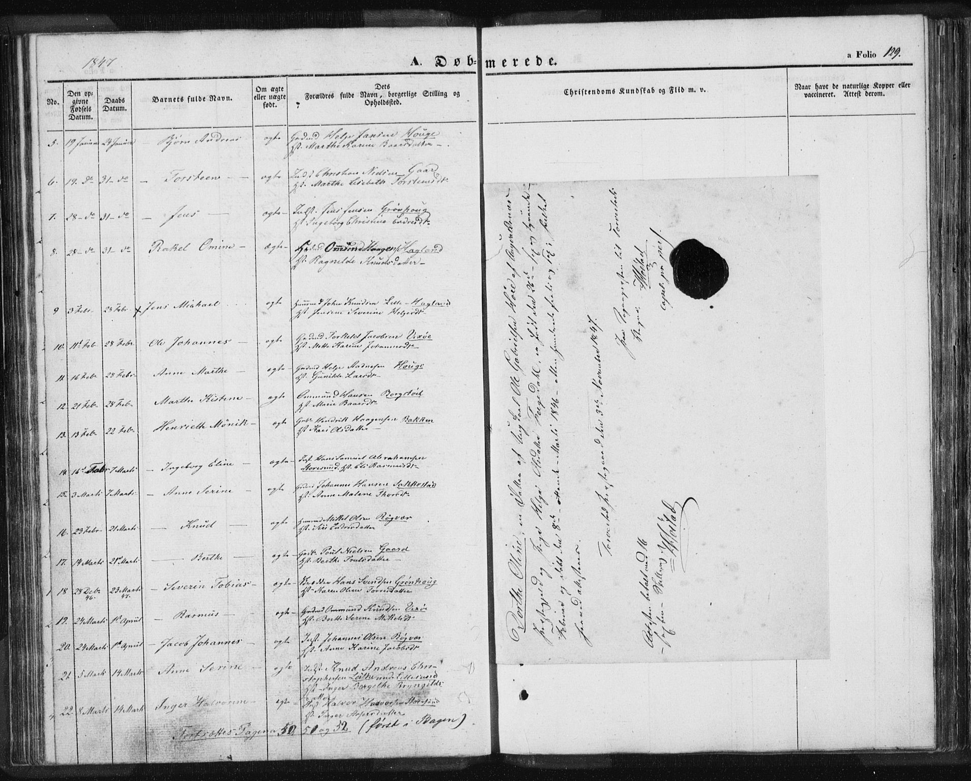 Torvastad sokneprestkontor, SAST/A -101857/H/Ha/Haa/L0006: Parish register (official) no. A 6, 1836-1847, p. 129
