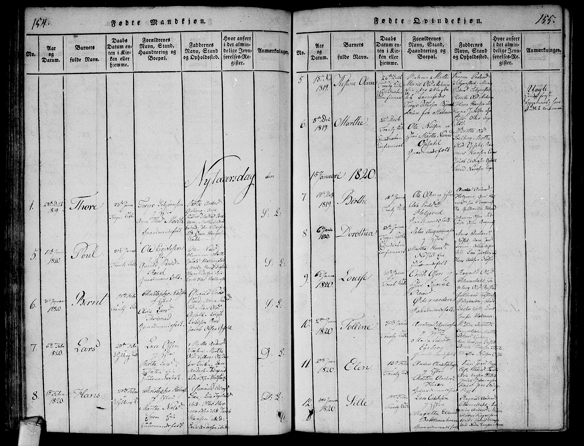 Lier kirkebøker, AV/SAKO-A-230/F/Fa/L0008: Parish register (official) no. I 8, 1813-1825, p. 154-155