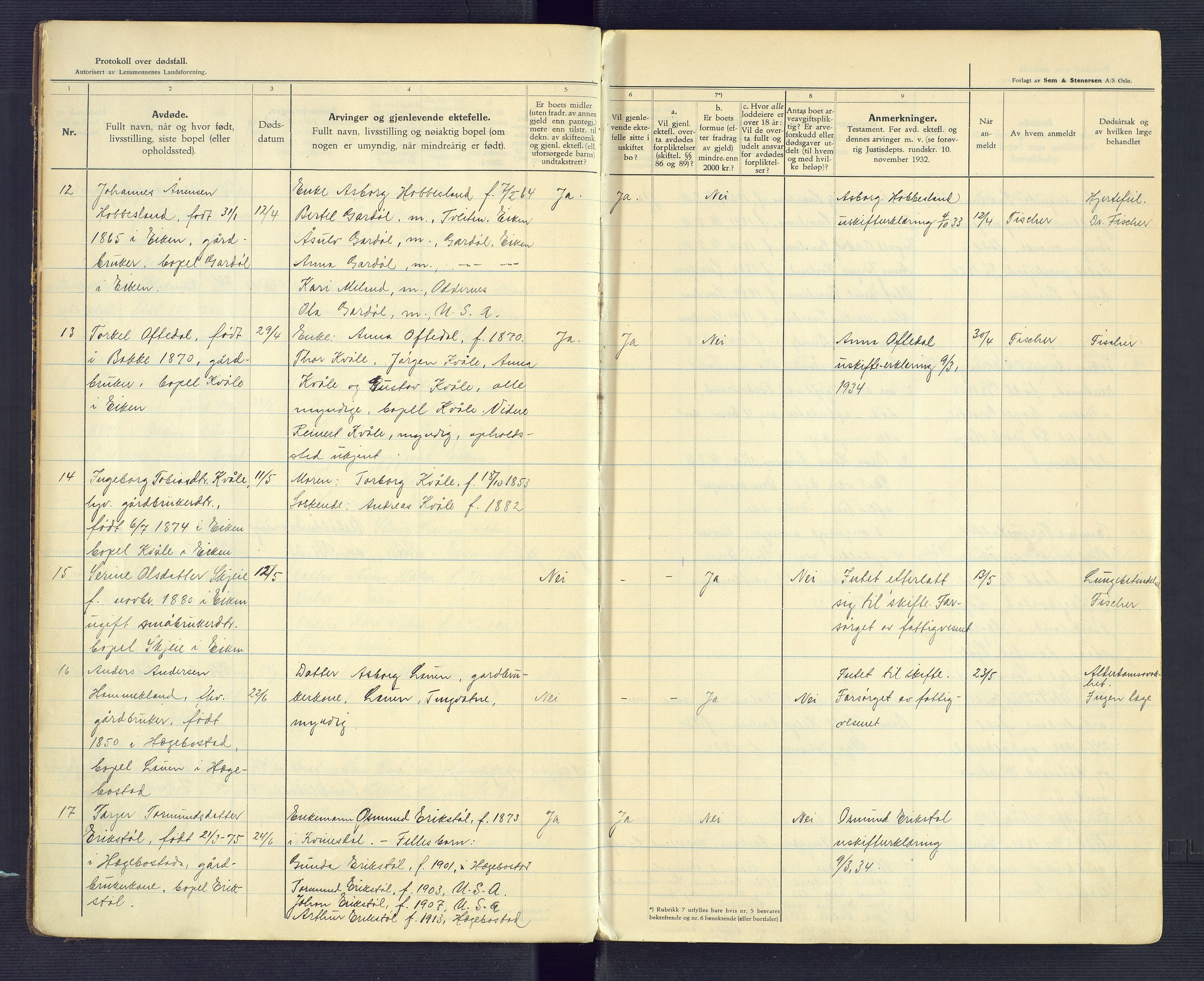 Hægebostad og Eiken lensmannskontor, AV/SAK-1241-0023/F/Fe/L0003: Dødsfallsprotokoll nr 35, 1933-1952