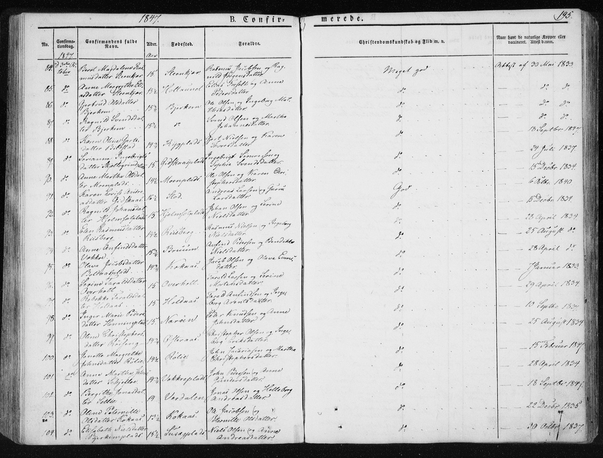 Ministerialprotokoller, klokkerbøker og fødselsregistre - Nord-Trøndelag, SAT/A-1458/735/L0339: Parish register (official) no. 735A06 /1, 1836-1848, p. 195