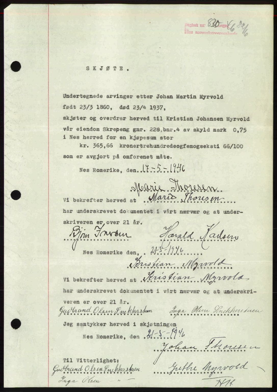 Nes tingrett, AV/SAO-A-10548/G/Gb/Gbb/L0020: Mortgage book no. 64, 1946-1946, Diary no: : 830/1946