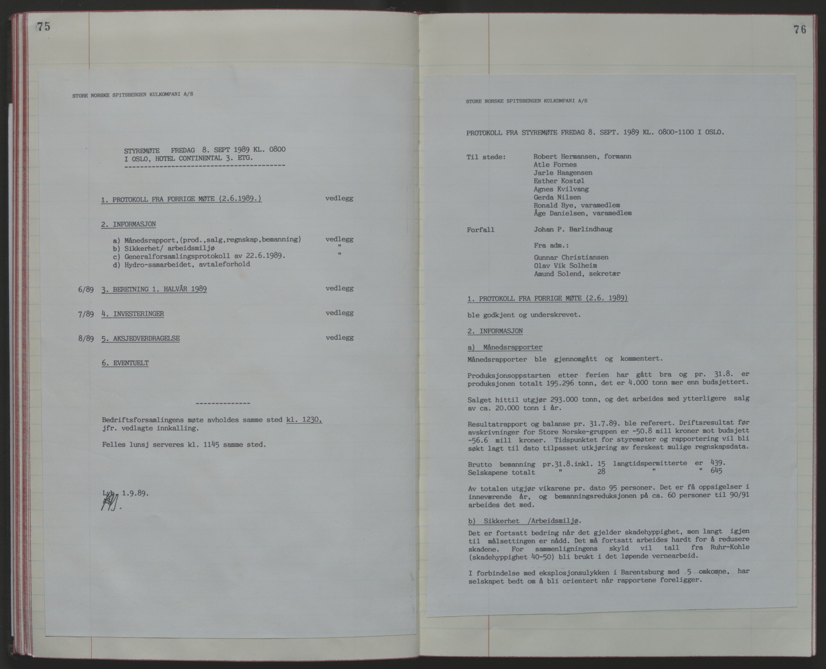 Store Norske Spitsbergen Kulkompani A/S, AV/SATØ-P-0073/09/A/Ab/Aba/L0003: Styreprotokoll 8, 1987-1994, p. 75-76