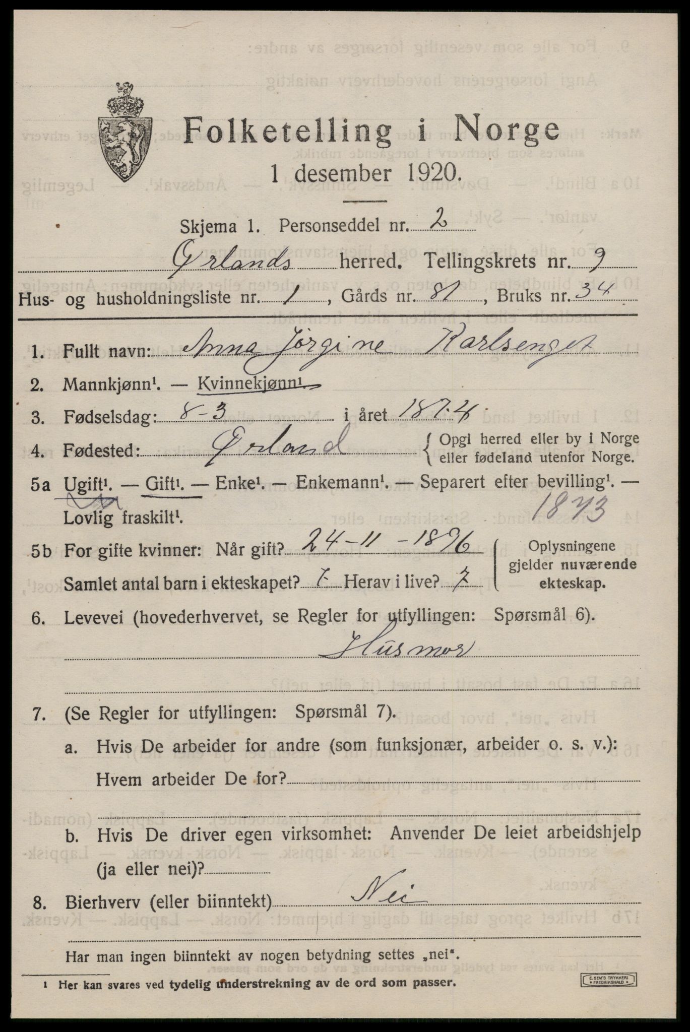 SAT, 1920 census for Ørland, 1920, p. 7837