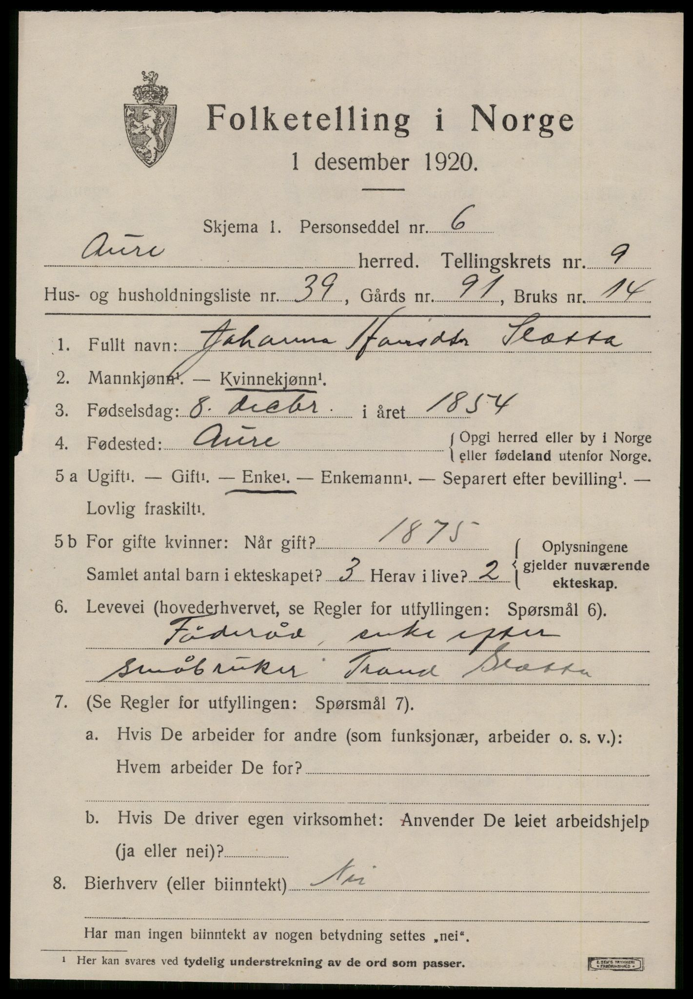 SAT, 1920 census for Aure, 1920, p. 3974