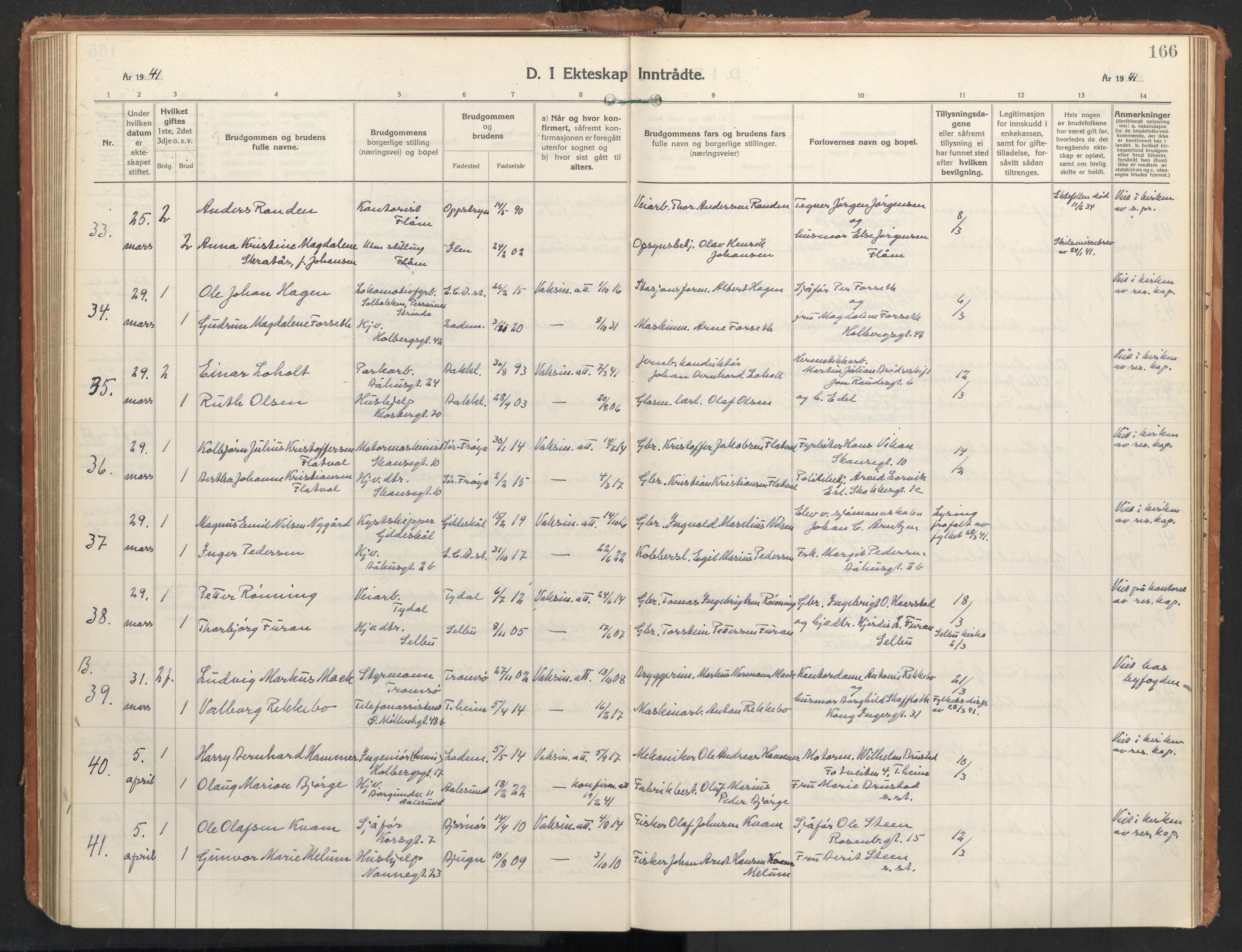 Ministerialprotokoller, klokkerbøker og fødselsregistre - Sør-Trøndelag, AV/SAT-A-1456/604/L0209: Parish register (official) no. 604A29, 1931-1945, p. 166