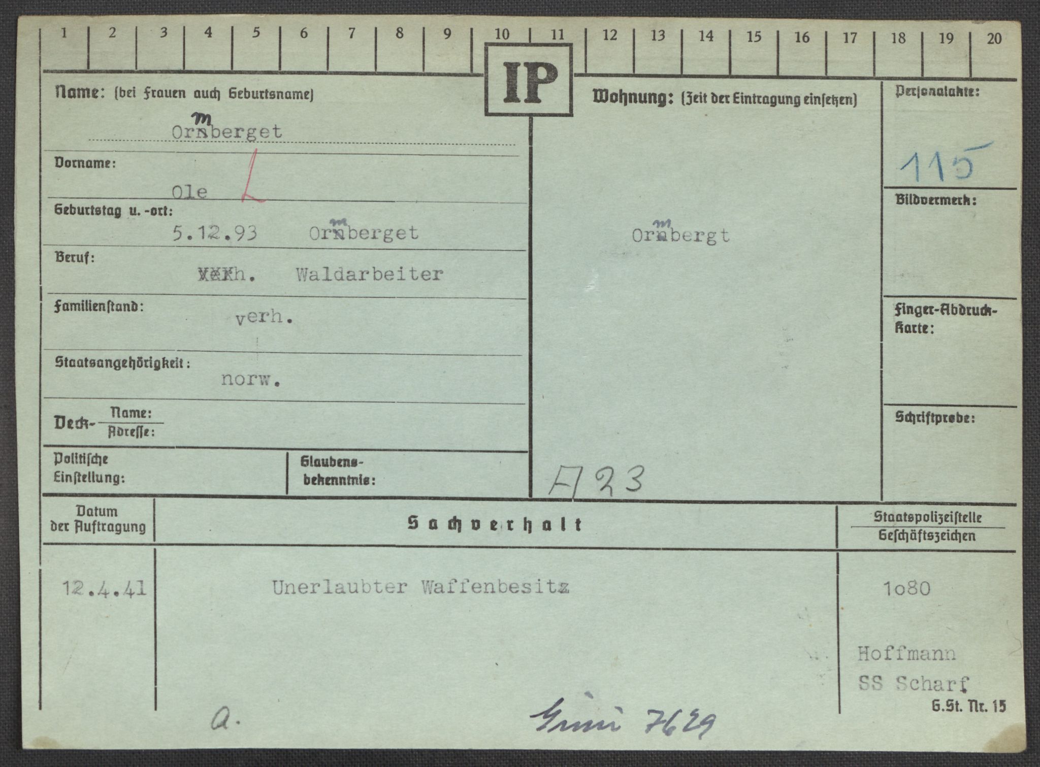 Befehlshaber der Sicherheitspolizei und des SD, AV/RA-RAFA-5969/E/Ea/Eaa/L0008: Register over norske fanger i Møllergata 19: Oelze-Ru, 1940-1945, p. 484