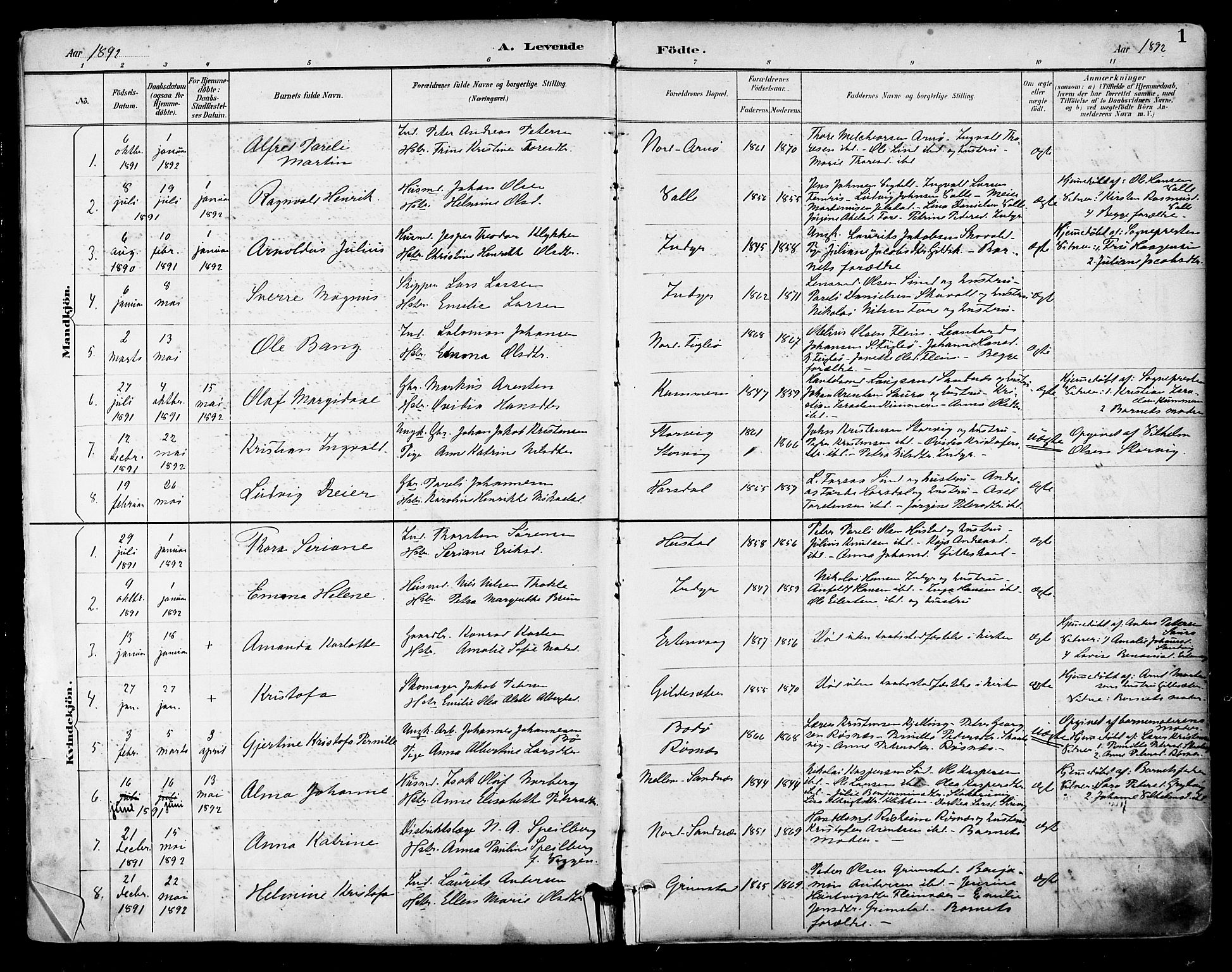 Ministerialprotokoller, klokkerbøker og fødselsregistre - Nordland, SAT/A-1459/805/L0101: Parish register (official) no. 805A07, 1892-1899, p. 1