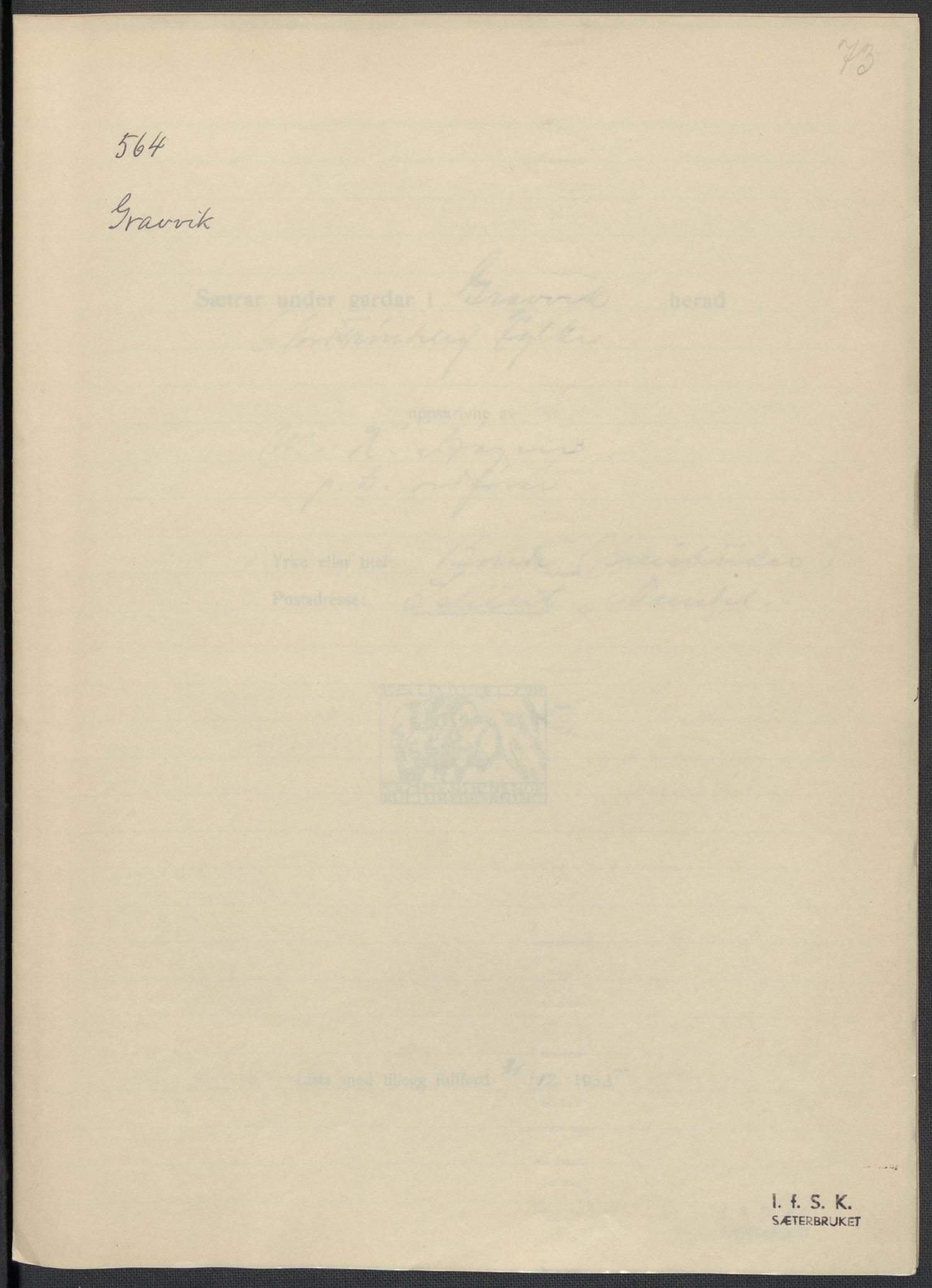 Instituttet for sammenlignende kulturforskning, RA/PA-0424/F/Fc/L0015/0003: Eske B15: / Nord-Trøndelag (perm XLIV-XLV), 1933-1939, p. 1073