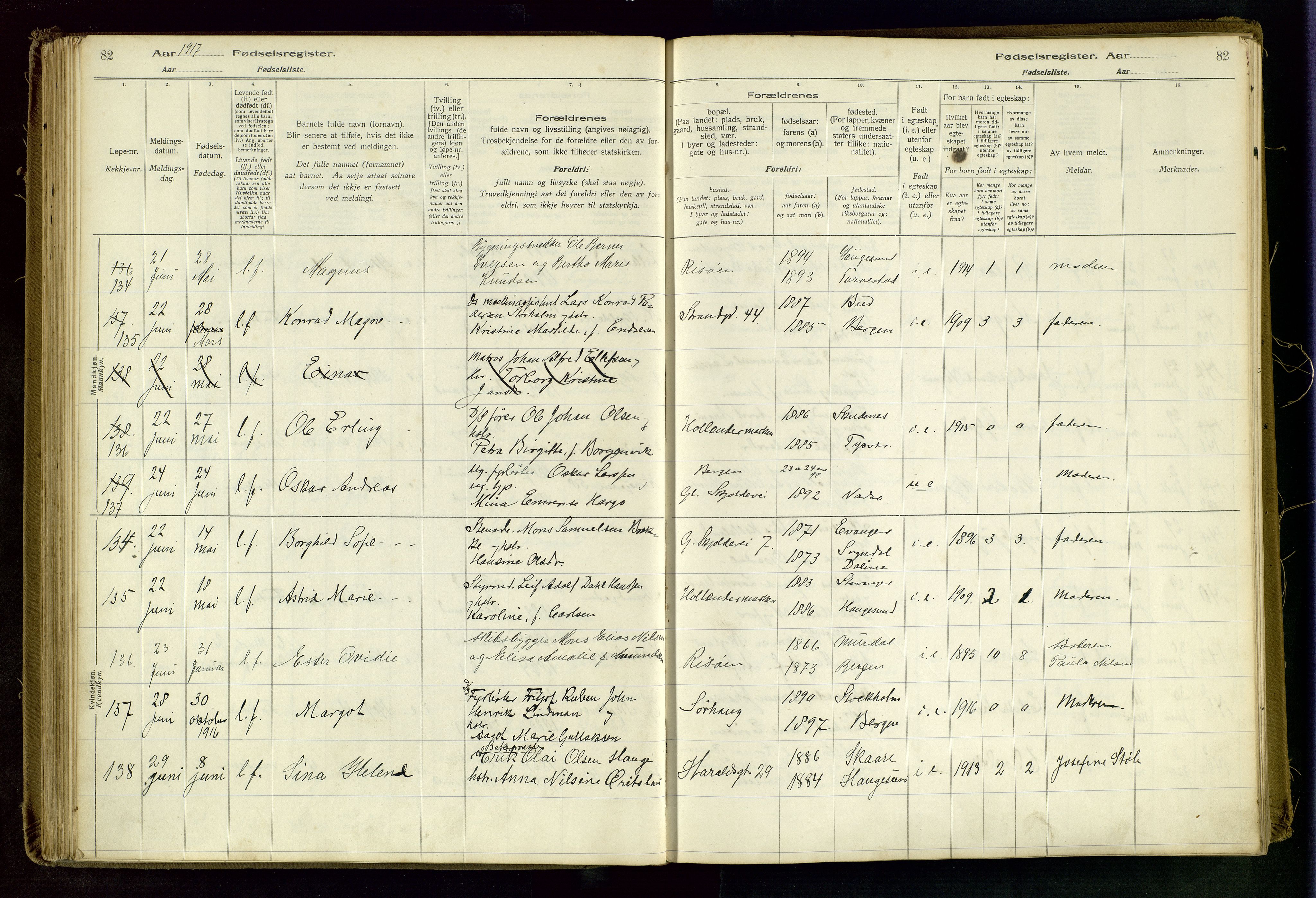 Haugesund sokneprestkontor, AV/SAST-A -101863/I/Id/L0003: Birth register no. 1, 1916-1919, p. 82