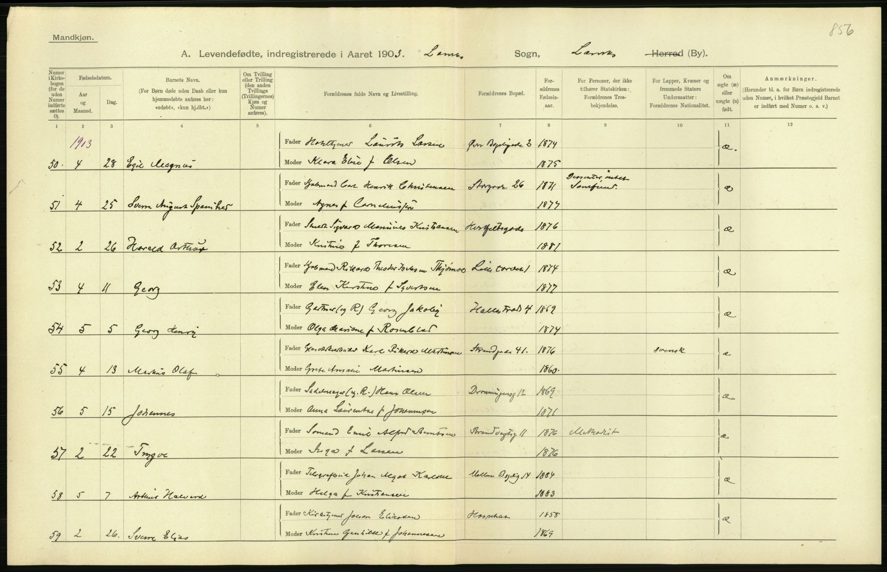 Statistisk sentralbyrå, Sosiodemografiske emner, Befolkning, AV/RA-S-2228/D/Df/Dfa/Dfaa/L0008: Jarlsberg og Larvik amt: Fødte, gifte, døde, 1903, p. 258