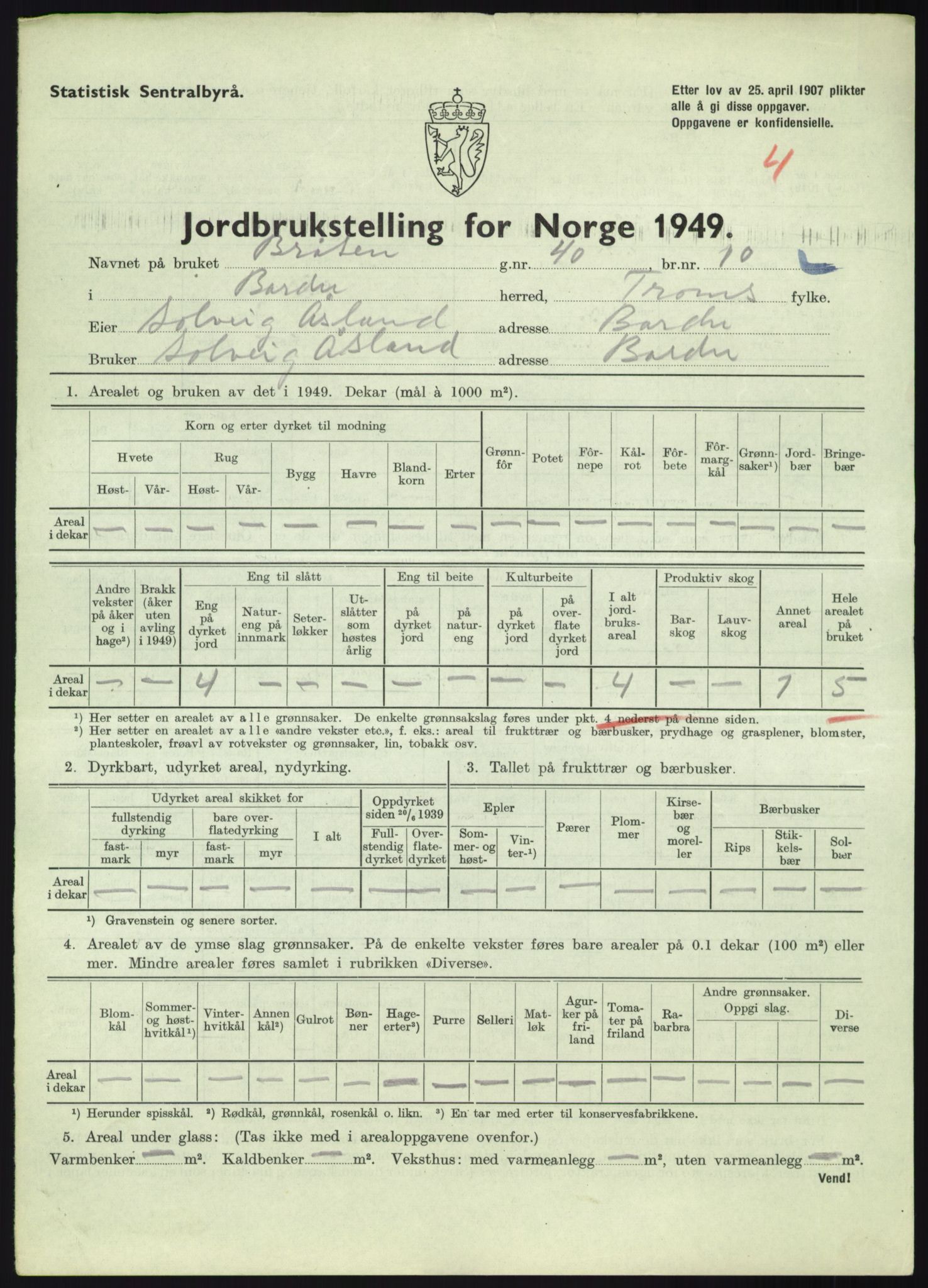 Statistisk sentralbyrå, Næringsøkonomiske emner, Jordbruk, skogbruk, jakt, fiske og fangst, AV/RA-S-2234/G/Gc/L0438: Troms: Salangen og Bardu, 1949, p. 935